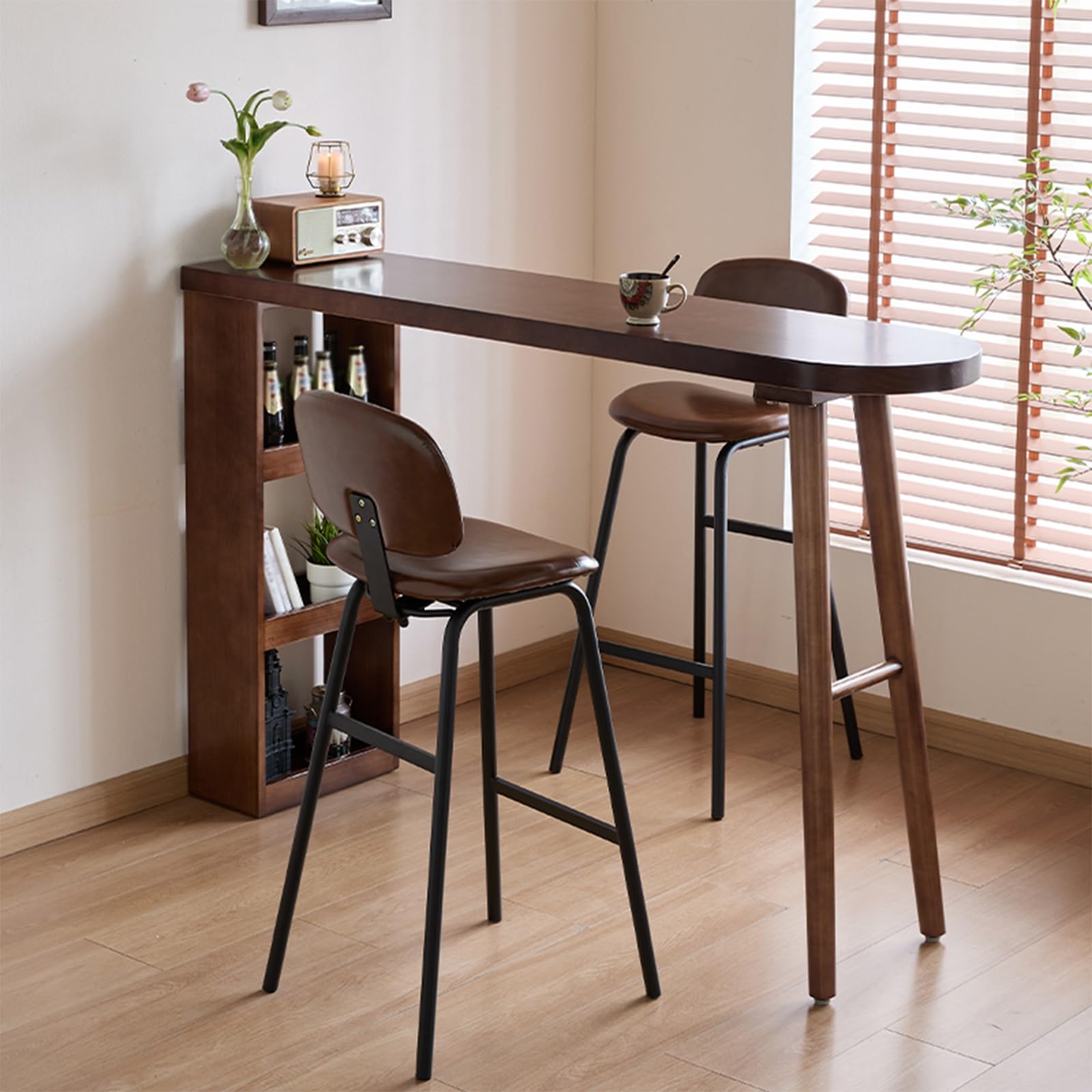 Table de bar en bois massif, table haute et longue avec étagères de rangement, table de bar en bois à hauteur de comptoir avec pieds robustes, pour salon, salle à manger (180 x 40 x 105 cm / 70,8 x