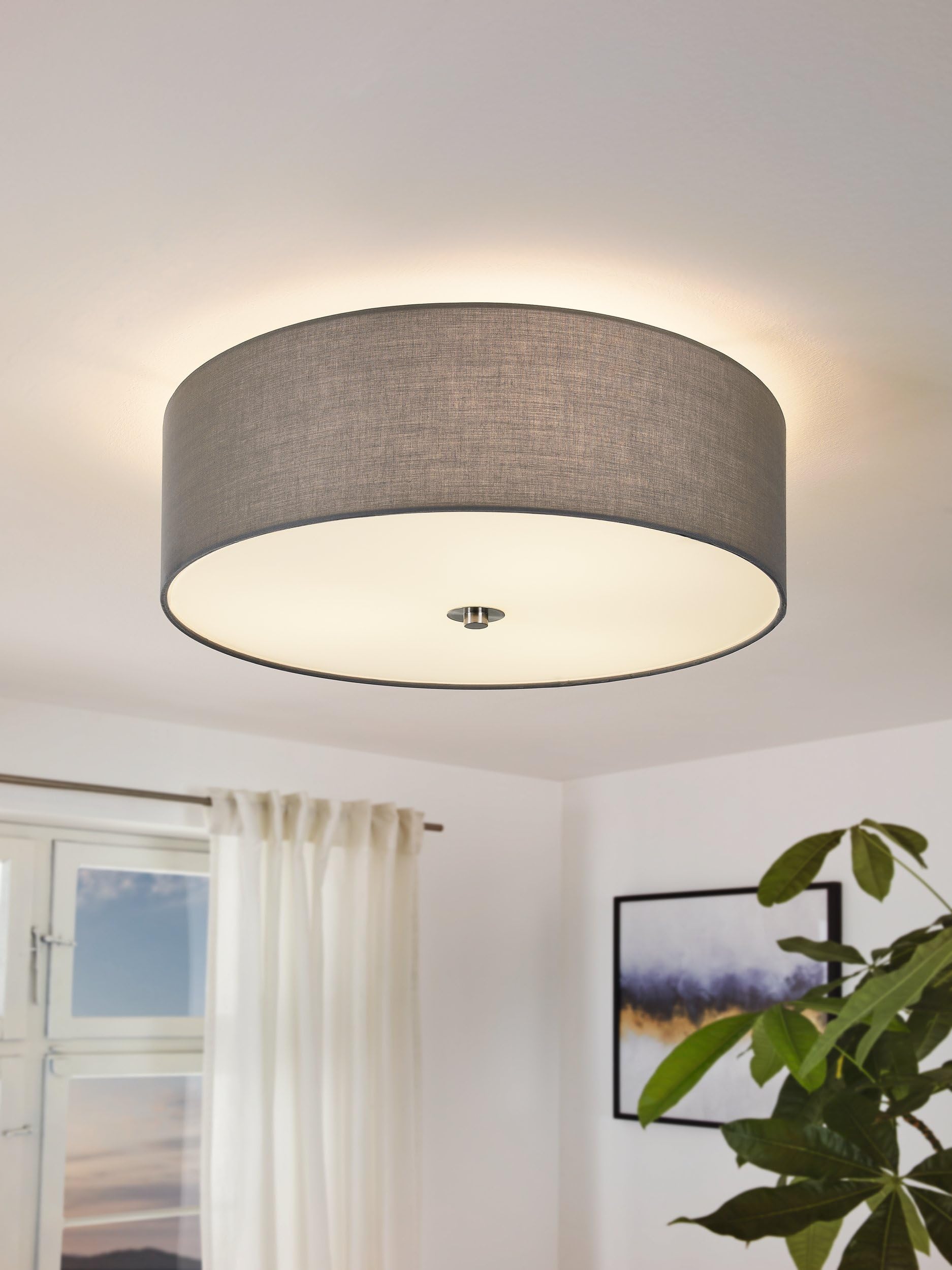 Eglo Plafoniera Pasteri, plafoniera tessile a tre punti | luce, acciaio, tessuto, vetro, nichel opaco, grigio, E27, diametro 47,5 cm