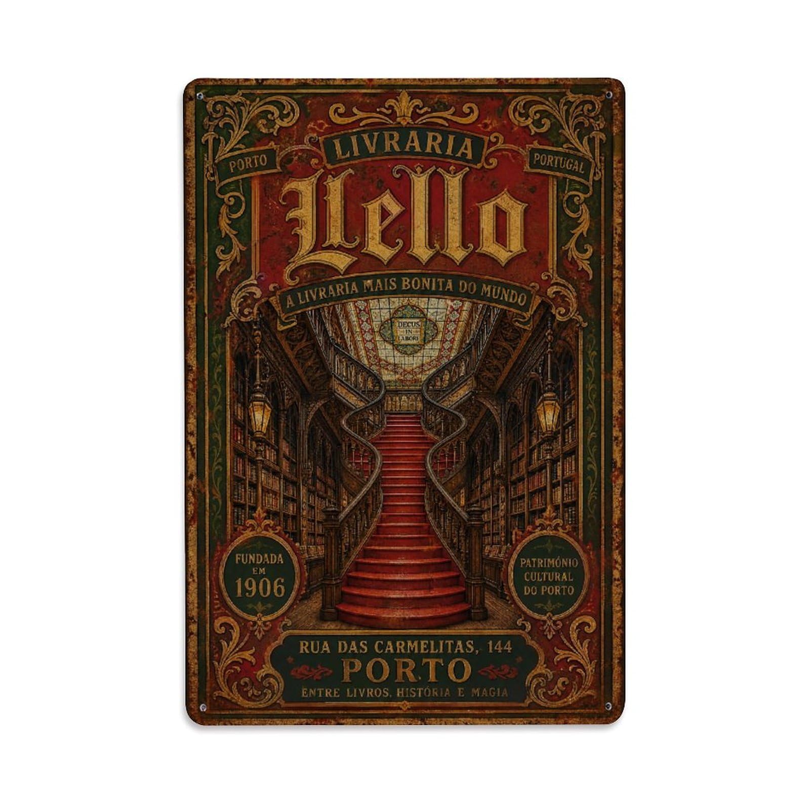 Yrnq 08X12inch Vintage Style Vintage Livraria Lello Bookstore Gothic Interior Portugal Metal Tin Sign