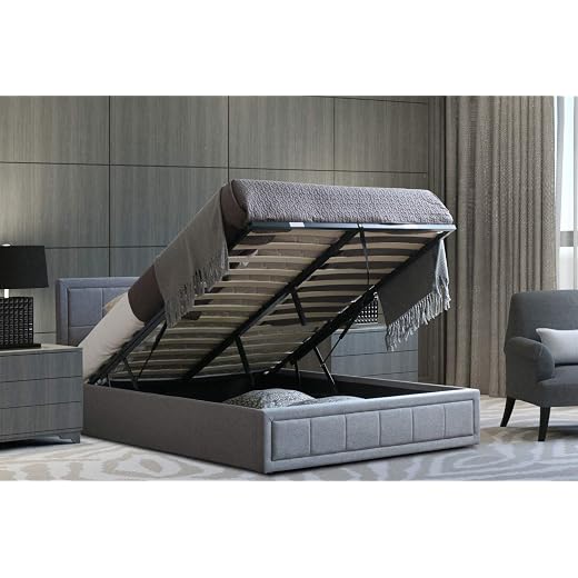 Home Treats Upholstered Bed | Ottoman Frame Grey Fabric With Storage (Double, No Mattress)