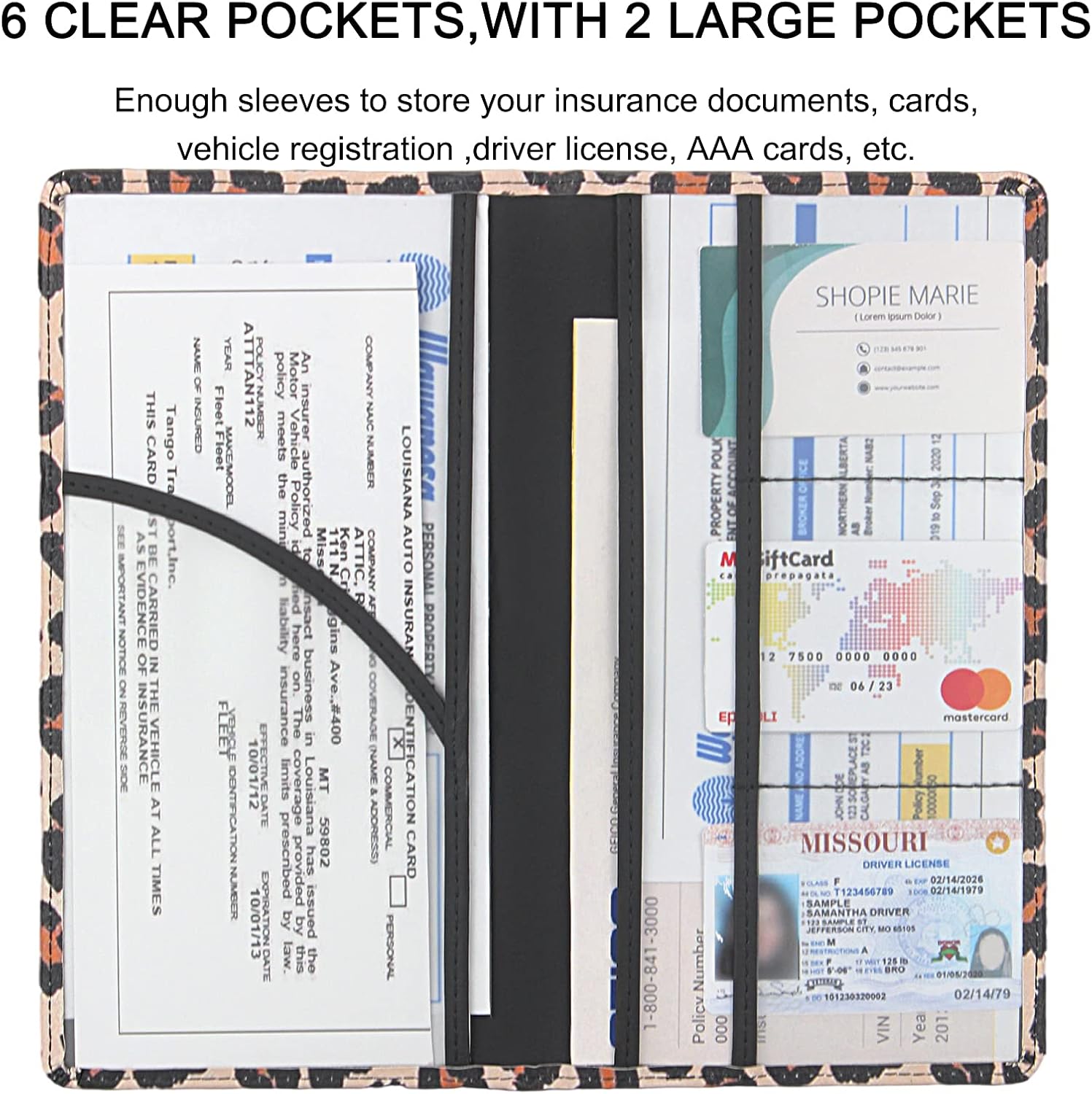 LumiMokki Premium Car Registration & Insurance Card Holder with Magnetic Shut, Vehicle Glove Box Car Organizer - For Documents, Cards, License (Leopard A)