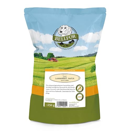 Bellfor Snacks Naturales para Perros, Orejas de Cordero sin Pelo 250 g, sin Cereales, sin Gluten, sin aditivos