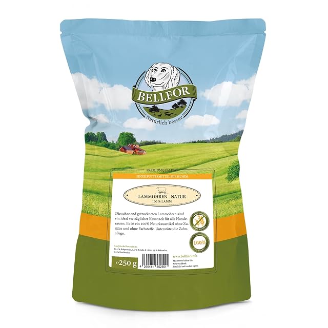 Bellfor Snacks Naturales para Perros, Orejas de Cordero sin Pelo 250 g, sin Cereales, sin Gluten, sin aditivos