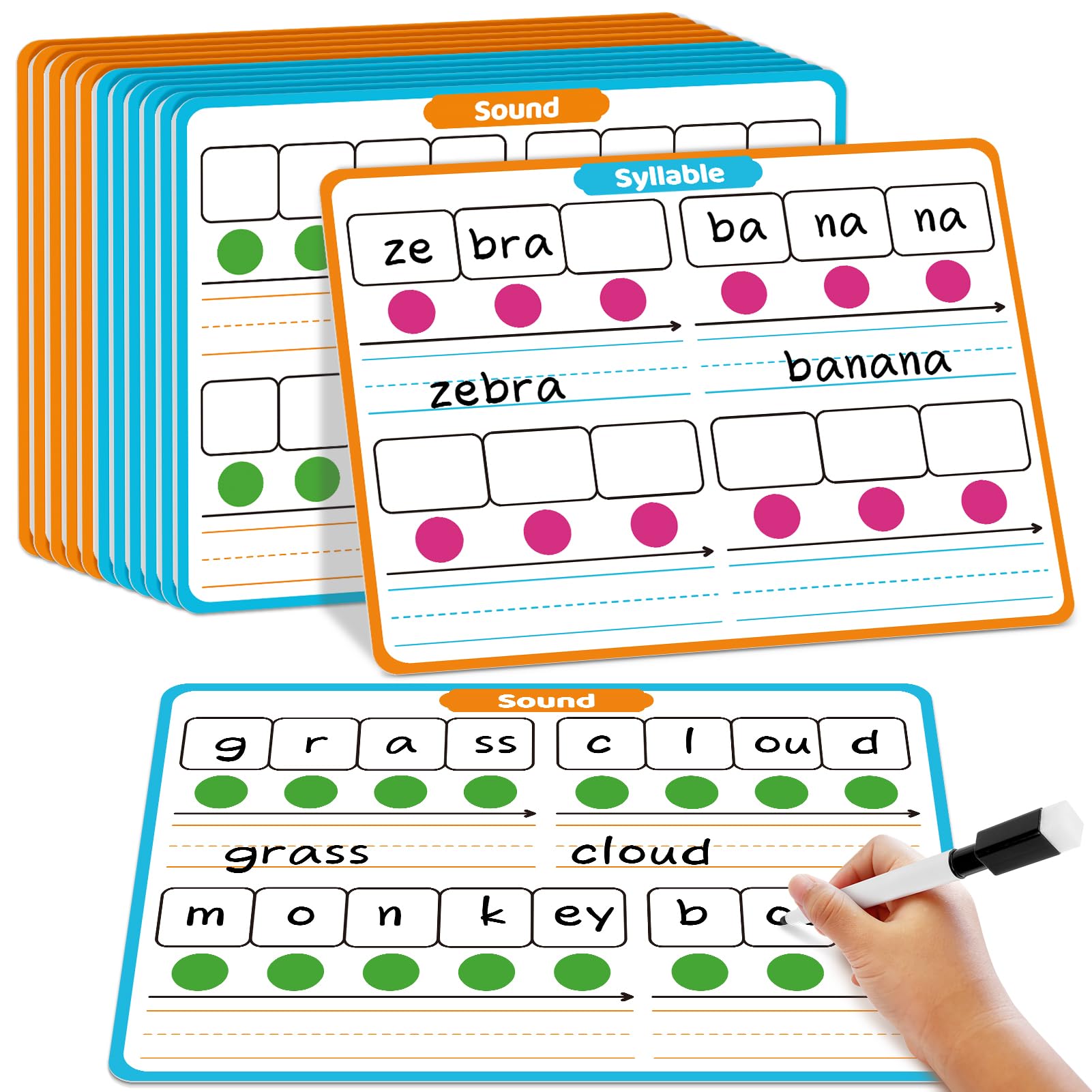 Laffunz 12 Packs Phonemic Awareness Dry Erase Board, Speech Therapy Material Dry Erase Phonics Games Flash Cards, Elkonin Boxes Science of Reading Spelling Manipulatives Classroom Materials Must Have