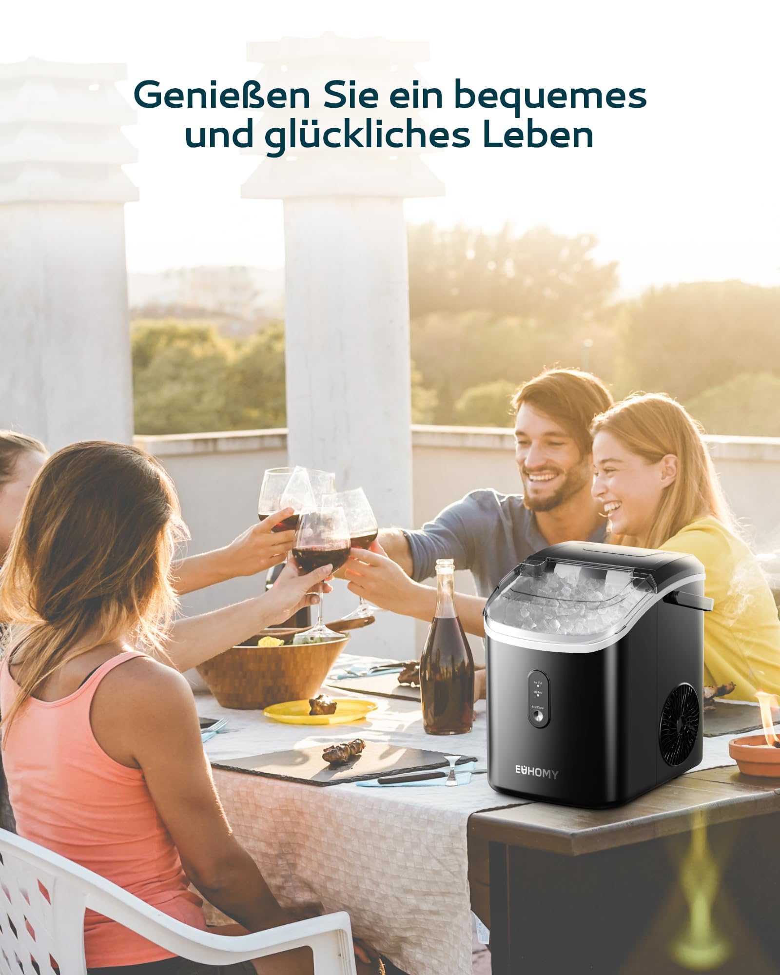 EUHOMY Macchina per cubetti di ghiaccio, 15 kg/24 h, produzione in 6 minuti, Crushed Ice Maker, Nuggets Ice, pulizia automatica, 120 W, macchina per cubetti di ghiaccio da tavolo, sensore a