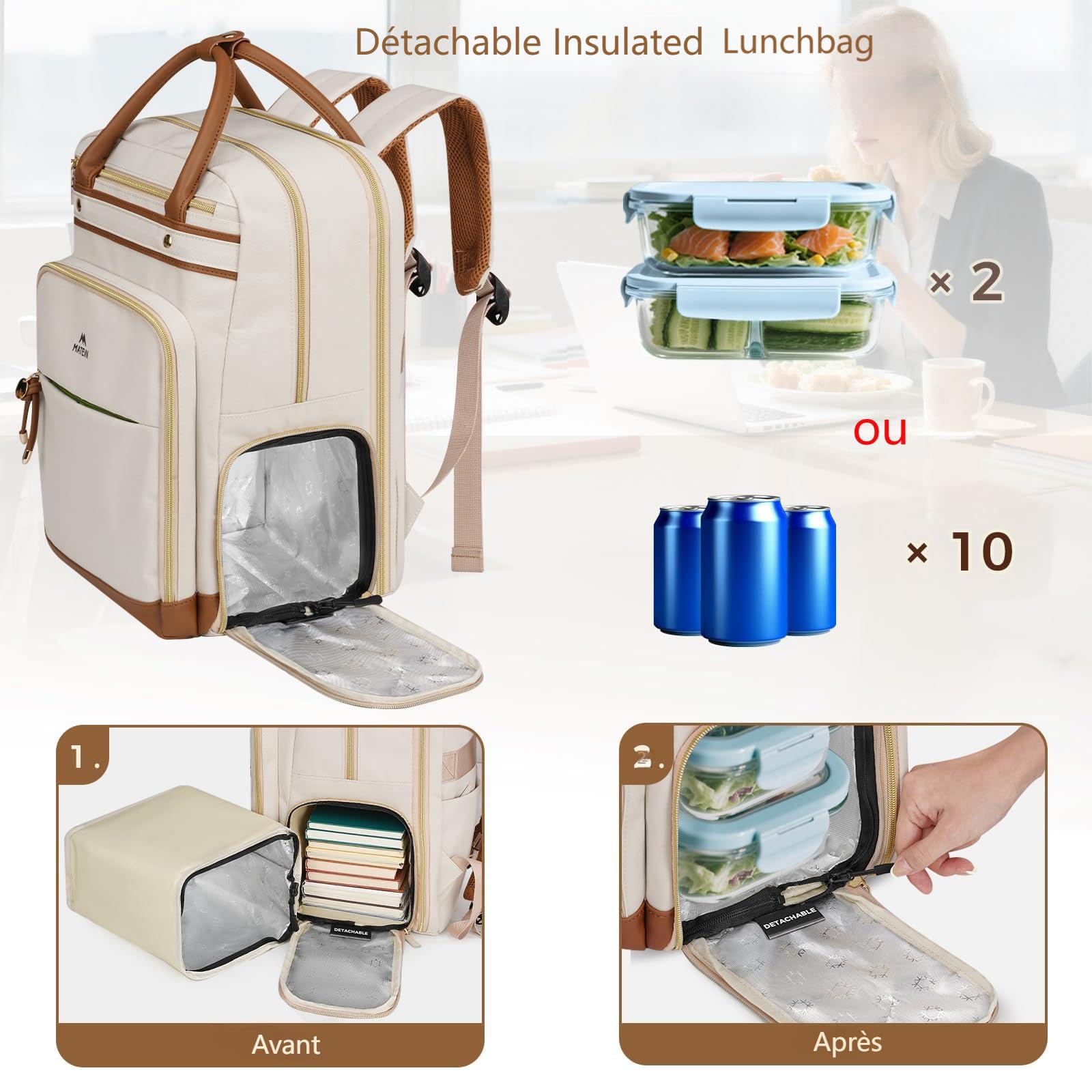 MATEIN Sac à Dos d'enseignant Femme, Sac à Dos Ordinateur Portable 15,6" | Sac a Dos Femme Compartiment Repas Amovible, Sac Travail 2 en 1, Rangement Dossiers A5, École et Bureau