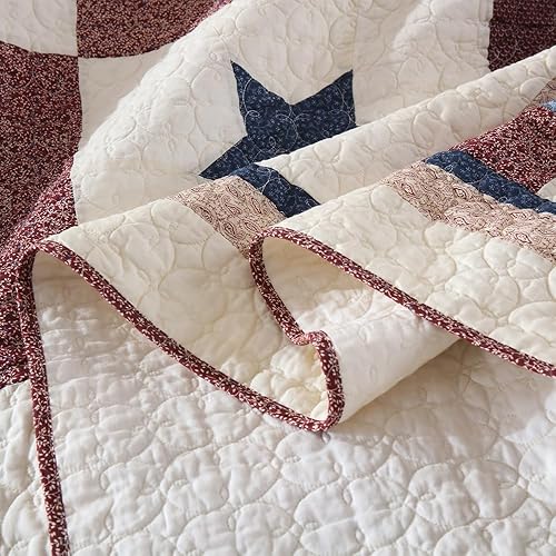 Miniatura 7 de Juego de edredón de algodón de 3 piezas reversibles para todas las estaciones, colcha de retazos reales para niños, patrón de estrellas, tamaño Queen