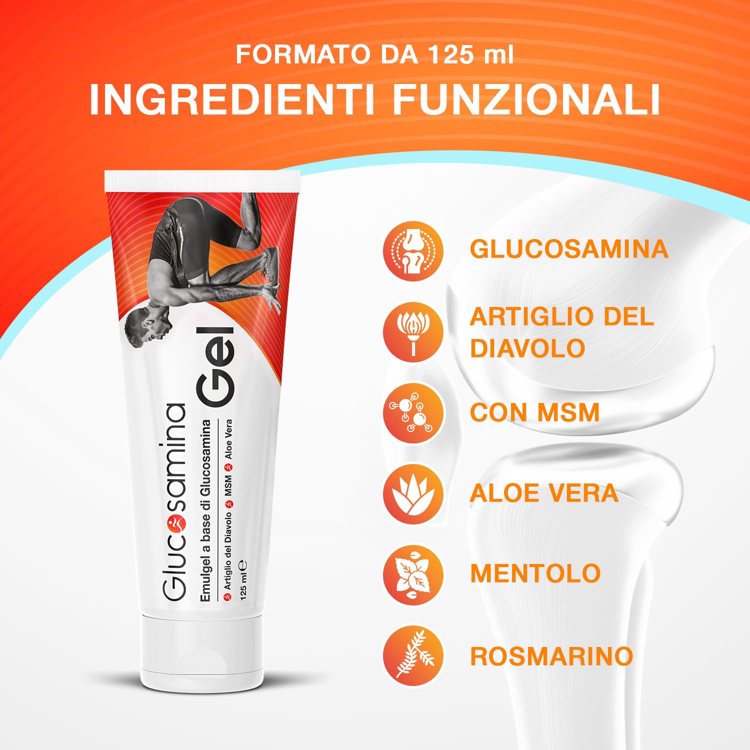 Glucosamina Gel, 125 ml con Artiglio del diavolo, non unge, assorbimento rapido