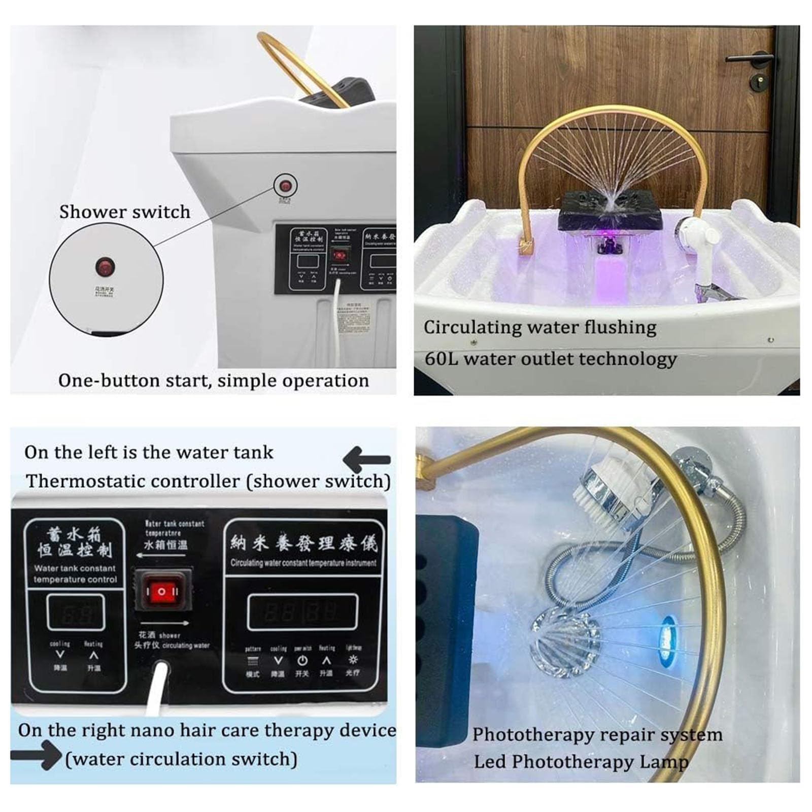 Equipo de Spa para Cabeza, Lavadero con Circulación de Agua de Doble Control, Lavabo para Champú para Terapia de Spa, Depósito de Agua de 60L, Adecuado para Capilares y Salones de Peluquería