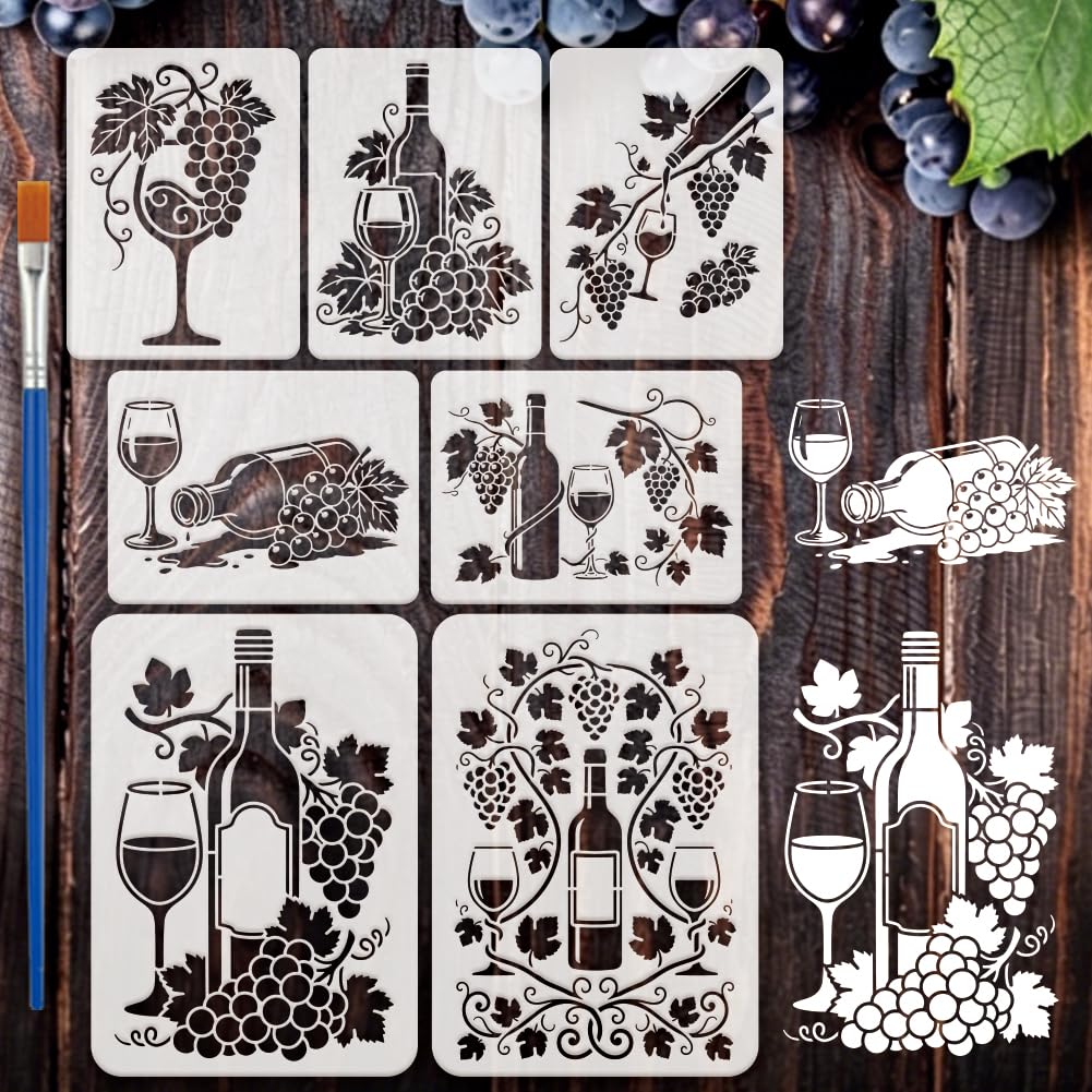 Plantillas para botellas de vino FINGERINSPIRE con cepillo y 7 diseños de uvas para pintar copas