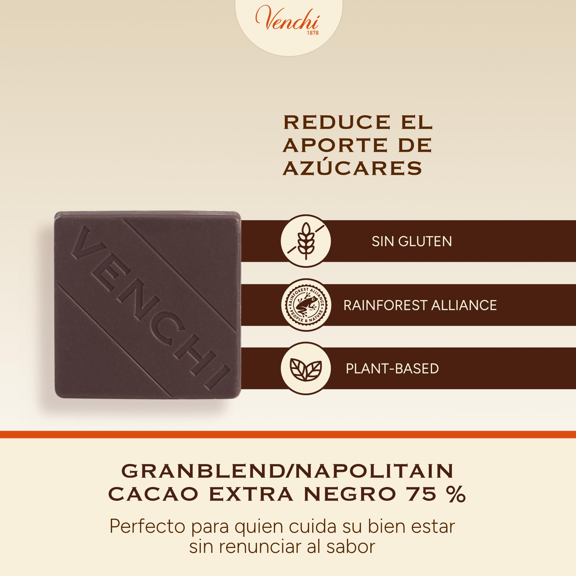 Venchi - Granblend Extra Fondant 75 % NO Added Sugar, 1 kg - Sin Edulcorantes Artificiales - Sin Gluten - Vegano