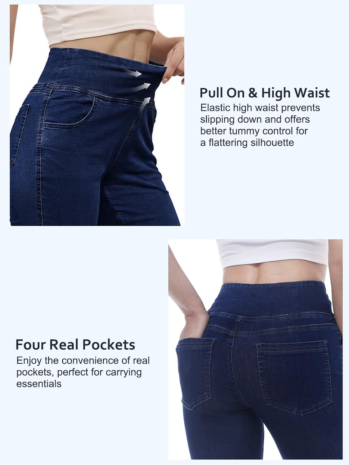 Pull on Skinny Jeans for Women, Stretchy High Waisted Leggings Trendy Tummy Control Demin Jegging with Pockets - Image 3