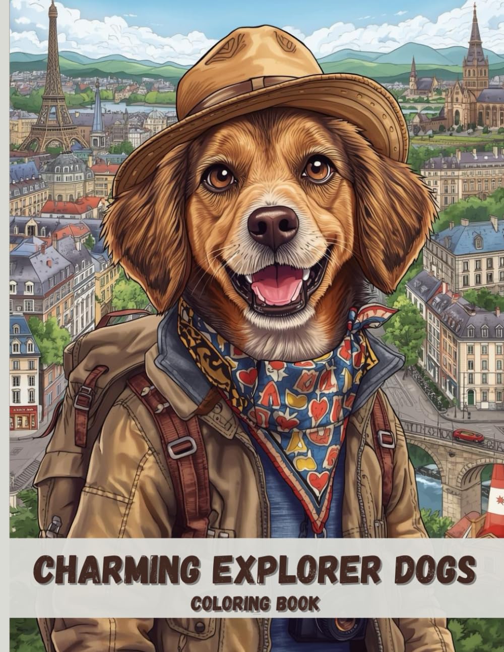 Charming Explorer Dogs Coloring Book for Adults: Adventurous Canine Travelers, Timeless City Views, and Relaxing Black & White Line Art