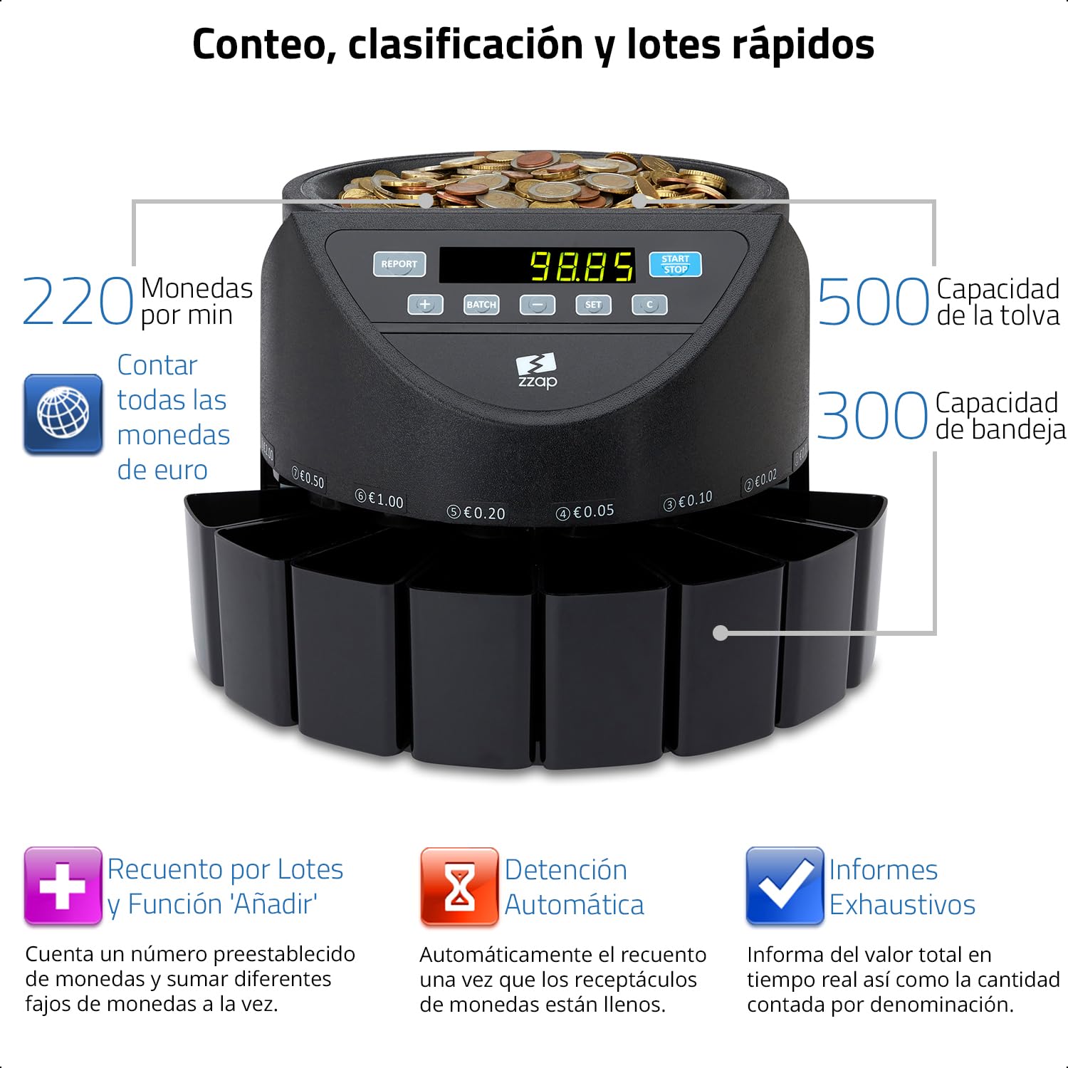 ZZap CS20 - Contadora y clasificadora automática de monedas EURO – Velocidad de conteo de 220 monedas/minuto, recuento por lotes ¡y más!