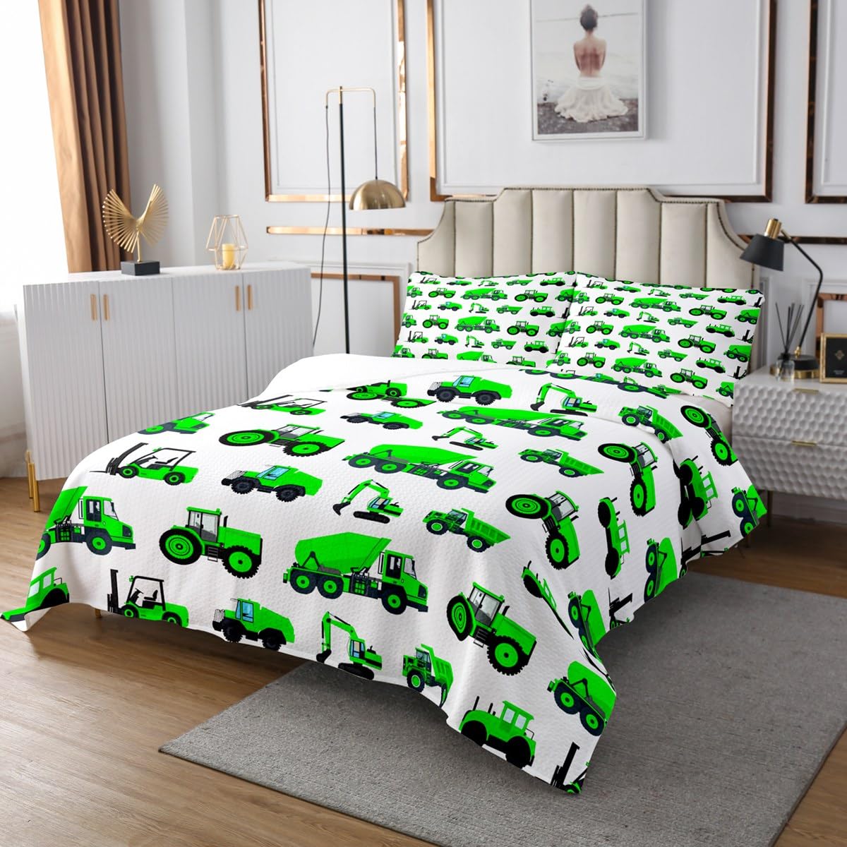 Manfei Kinder BAU Tagesdecke L Größe,Cartoon Auto Bettwäsche Set Jungen Teens Zimmer Dekor,grüne Bagger Fahrzeuge Tröster Set LKW Traktor Coverlet Quilt,2 Kissenbezug