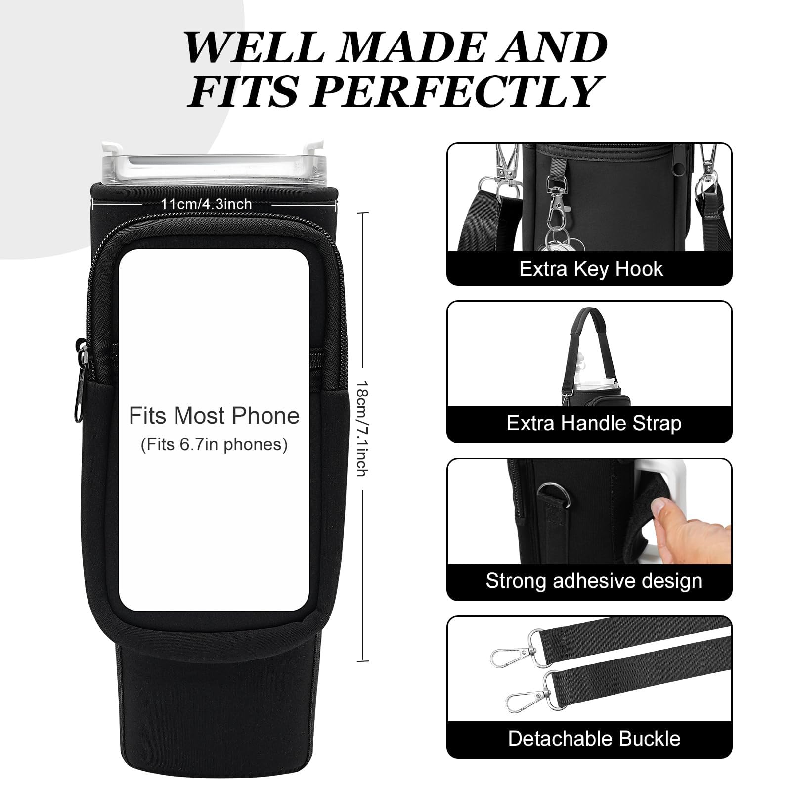 Coolicee Stanley Sports Bottle Cover for 40oz Shoulder Strap with Straw Cap Stanley Cup Holder Cold Insulated Adjustable Handbag Crossbody Outdoor Camping (Black) - Image 3