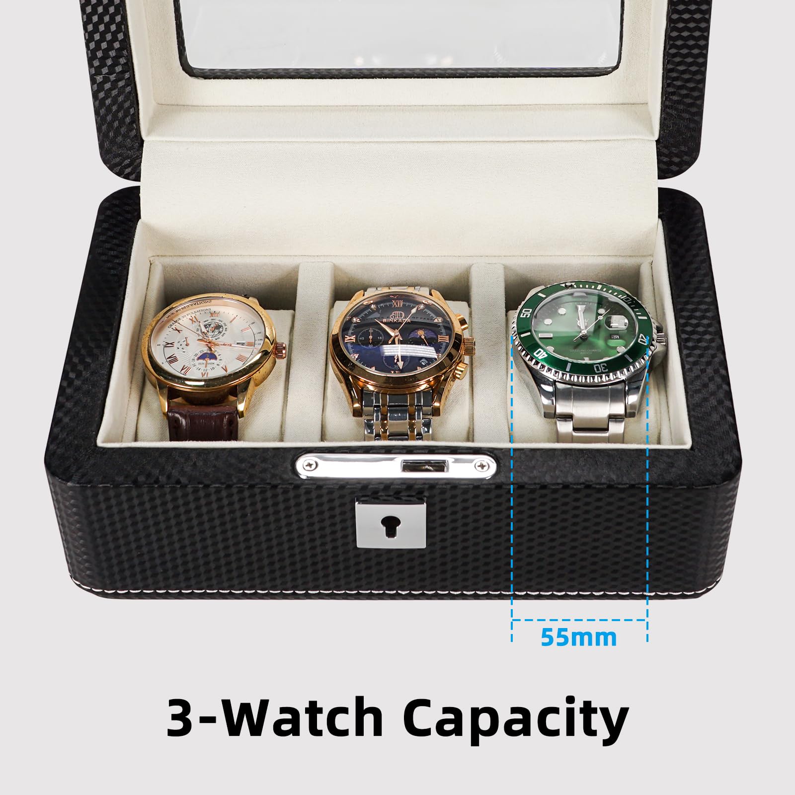 Scatola per orologi in pelle di alta qualità in fibra di carbonio per 3 orologi, con serratura, portatile, con vetrina, regalo ideale per collezionisti di orologi, viaggiatori, lui/lei,