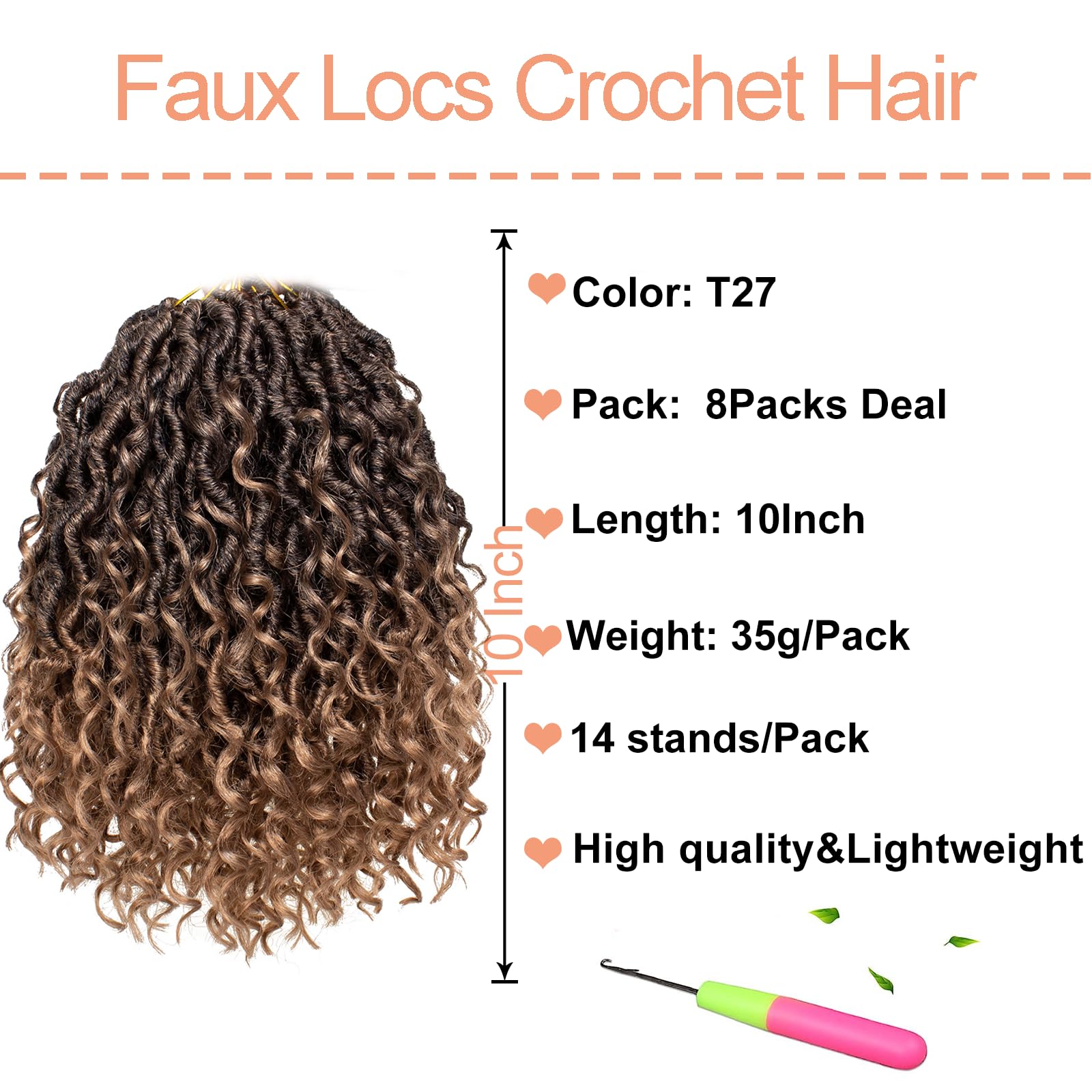 Mscat 8 Packs 10 Inch Faux Locs Crochet Hair Short Bohemian Locs Crochet Braids Pre Looped Ombre Hippie Locs With Curly Ends Hair Extension (14Strands/Pack T27#) - Image 2