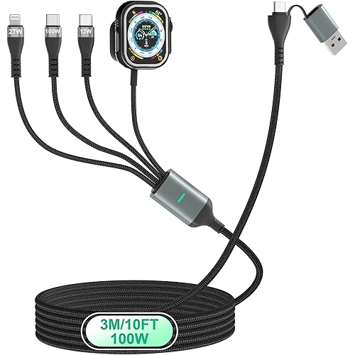 USB C Multi Charging Cable for Apple Watch 10FT, 100W USB C Fast Charging Cord with Dual USB-C (100W/10W), Lightning and Magnetic Apple Watch Charger, Braided for iPhone 17-14, iPad, Galaxy