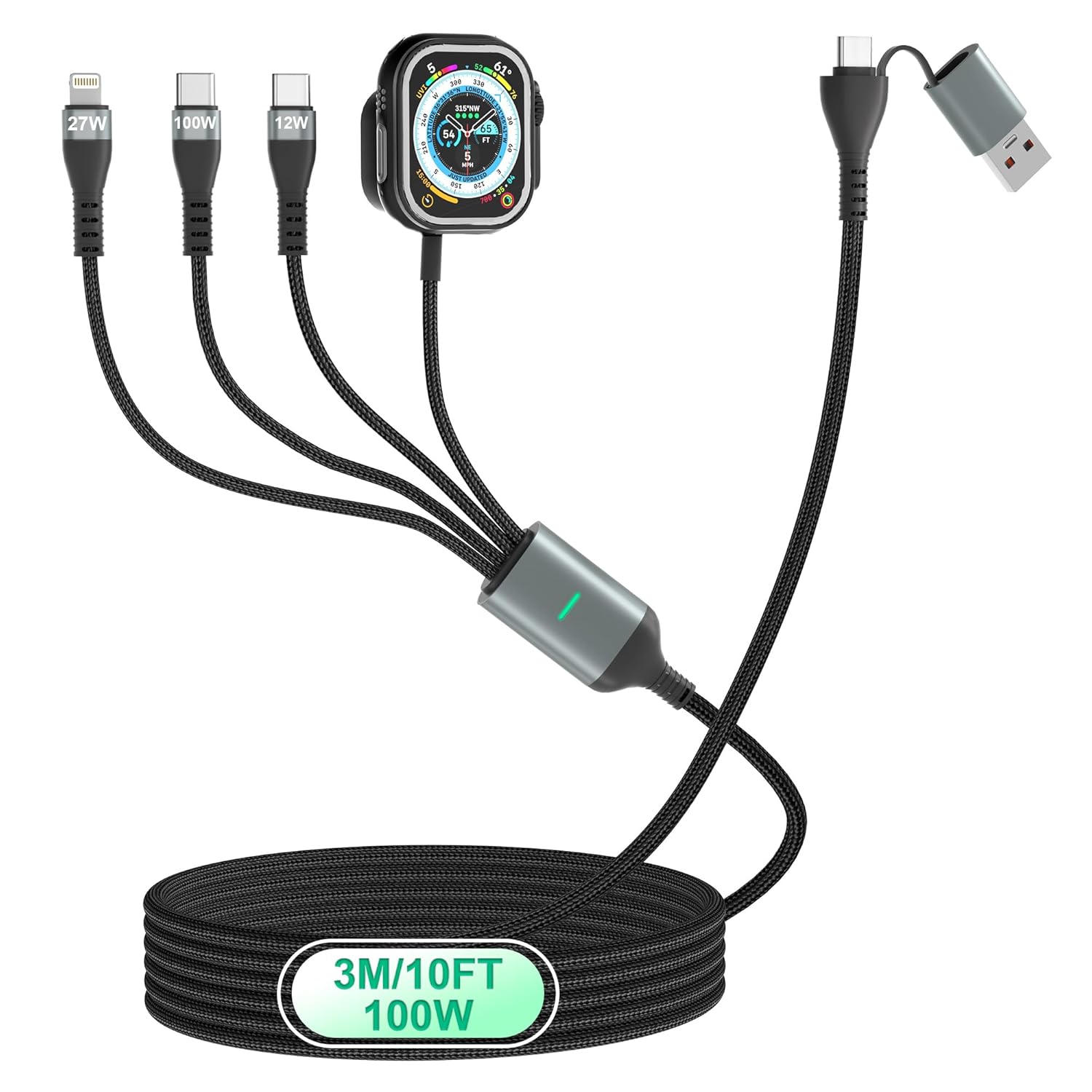 100W 2 USB C Multi Charging Cable for Apple Watch 10FT, USB C Fast Charging Cord with Dual USB-C (100W/10W), Lightning and Magnetic Apple Watch Charger, Braided for iPhone 17-14, iPad, Galaxy
