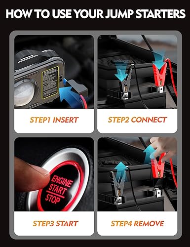 Miniatura 9 de Arrancador con luz de campamento inflador de aire, pico de 6000 A, batería ultrasafe de 12 V, 20000 mAh, para todos los motores diésel de gas10L,