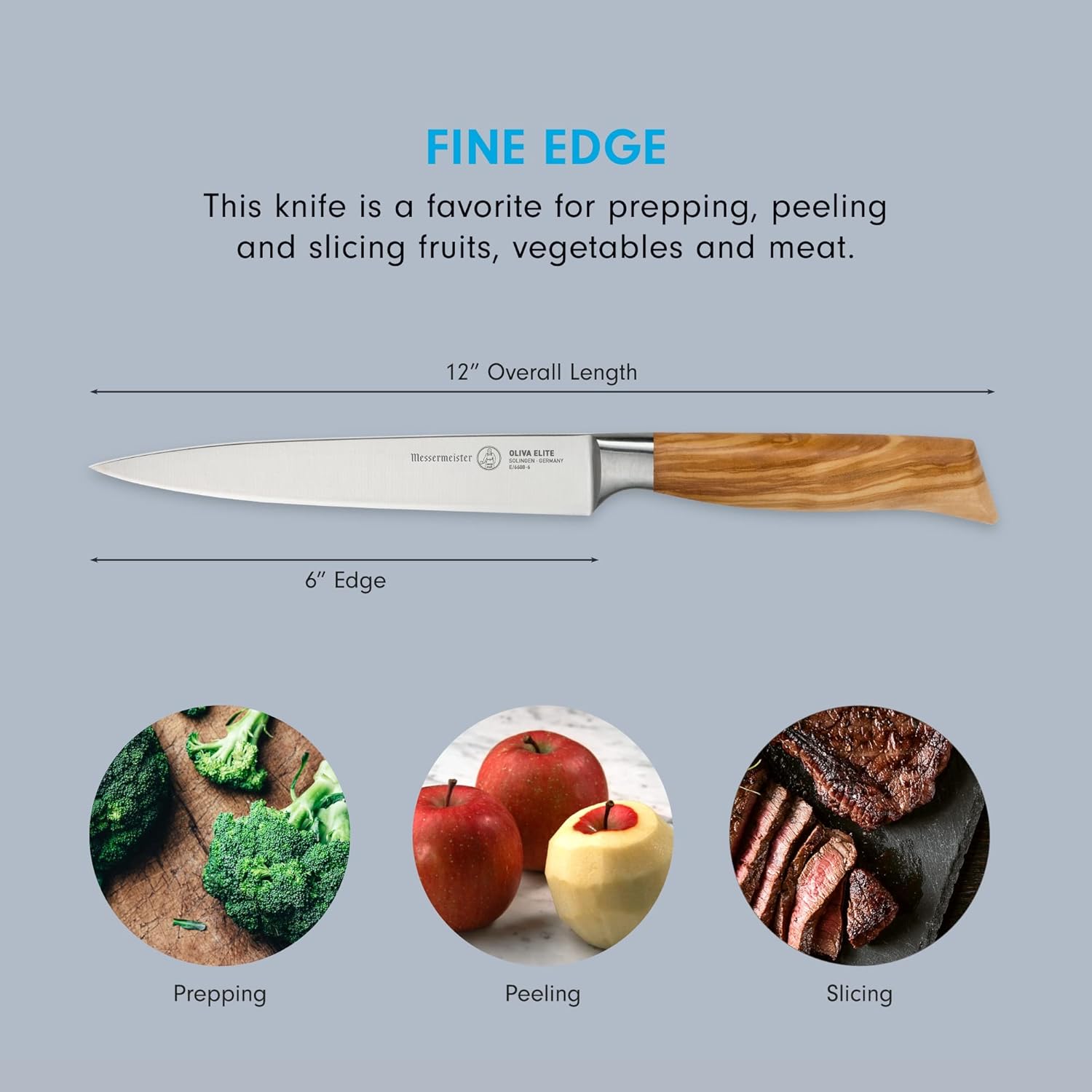 Messermeister Oliva Elite 6” Utility Knife - Fine German Steel Alloy Blade & Natural Mediterranean Olive Wood Handle - Rust Resistant & Easy to Maintain