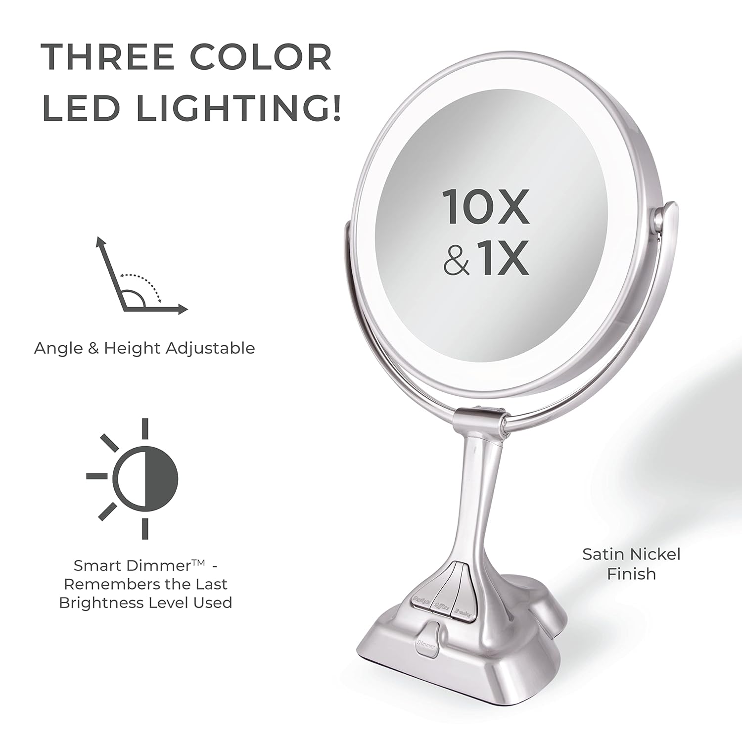 Zadro 9" Round Dimable 3 LED Light Color Dual-Sided Magnified Makeup Mirror, Touch Dimmer Control (Satin Nickel, 10X/1X)