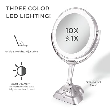Zadro 9 مستدير قابل للتخفيت 3 LED لون مكياج مكبر للصوت على الوجهين ، تحكم باللمس باهت (Satin Nickel ، 10X / 1X)