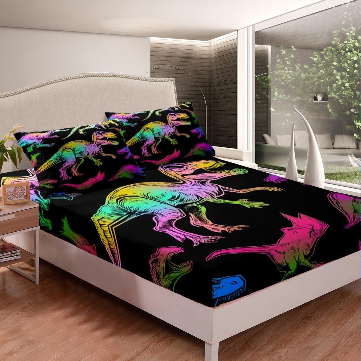 Dinosaur Fitted Sheet Rainbow Dino Bed Sheets Full,Jungle Animal Sheets Dinosaurios Bed Set,Prehistoric Wildlife Room Decor
