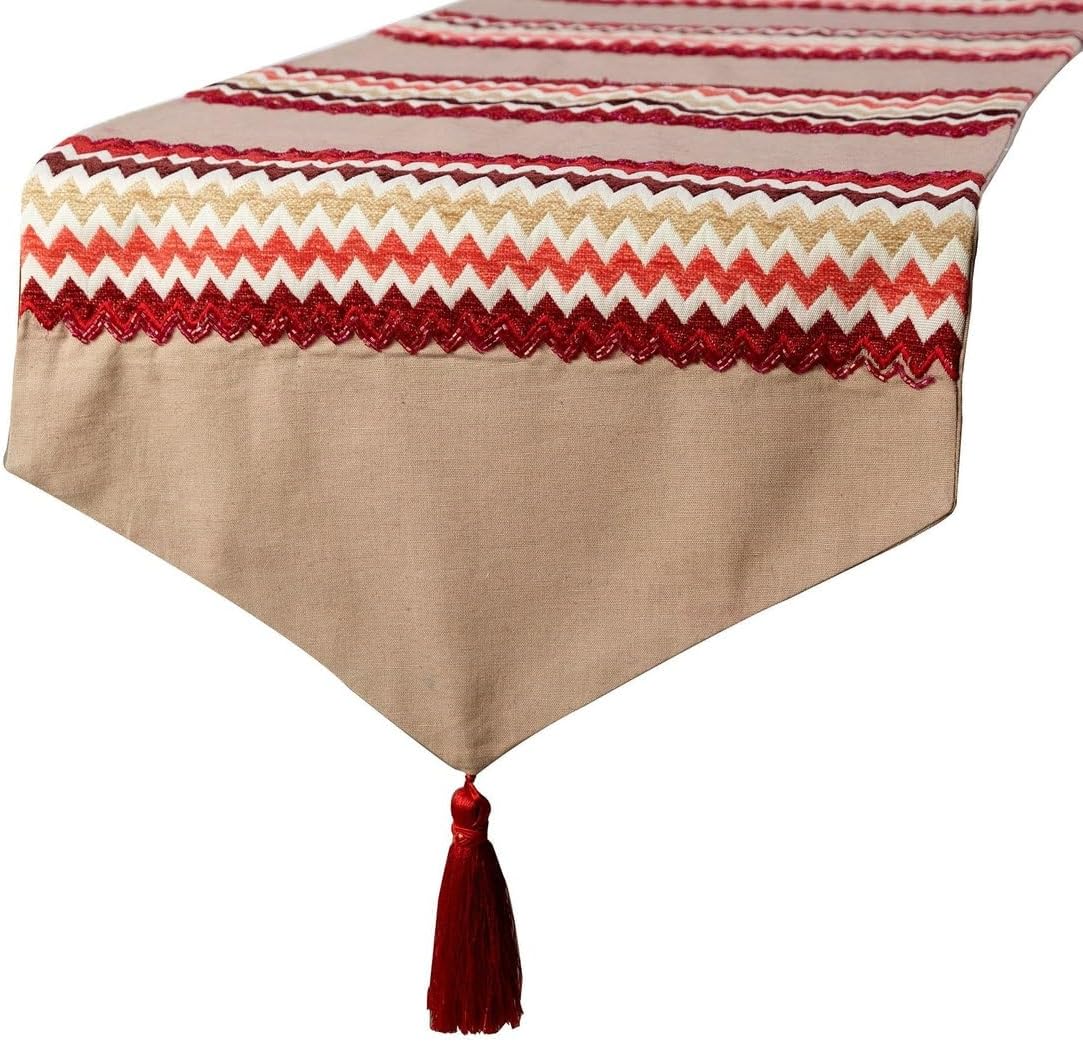 The HomeCentric Decorative Red Table Runner Coffee Table Runner (14 x 36 inch), Tassels, Beaded & Applique Table Runner, Linen Fabric Table Linen, Chevron Pattern Modern Style - Chevron Bar