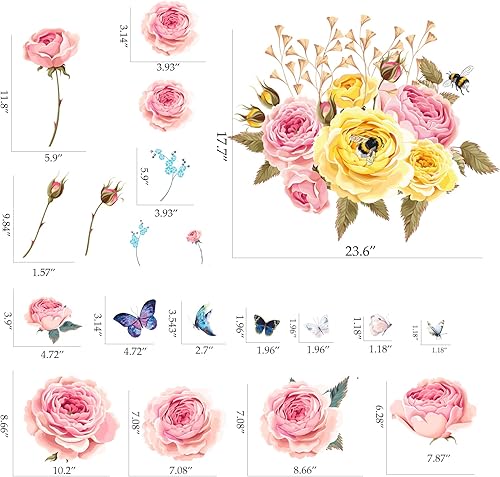 Miniatura 4 de Calcomanías de pared de flores de peonía, calcomanías de pared florales rosas, calcomanías de pared de flores para despegar y pegar, calcomanía de