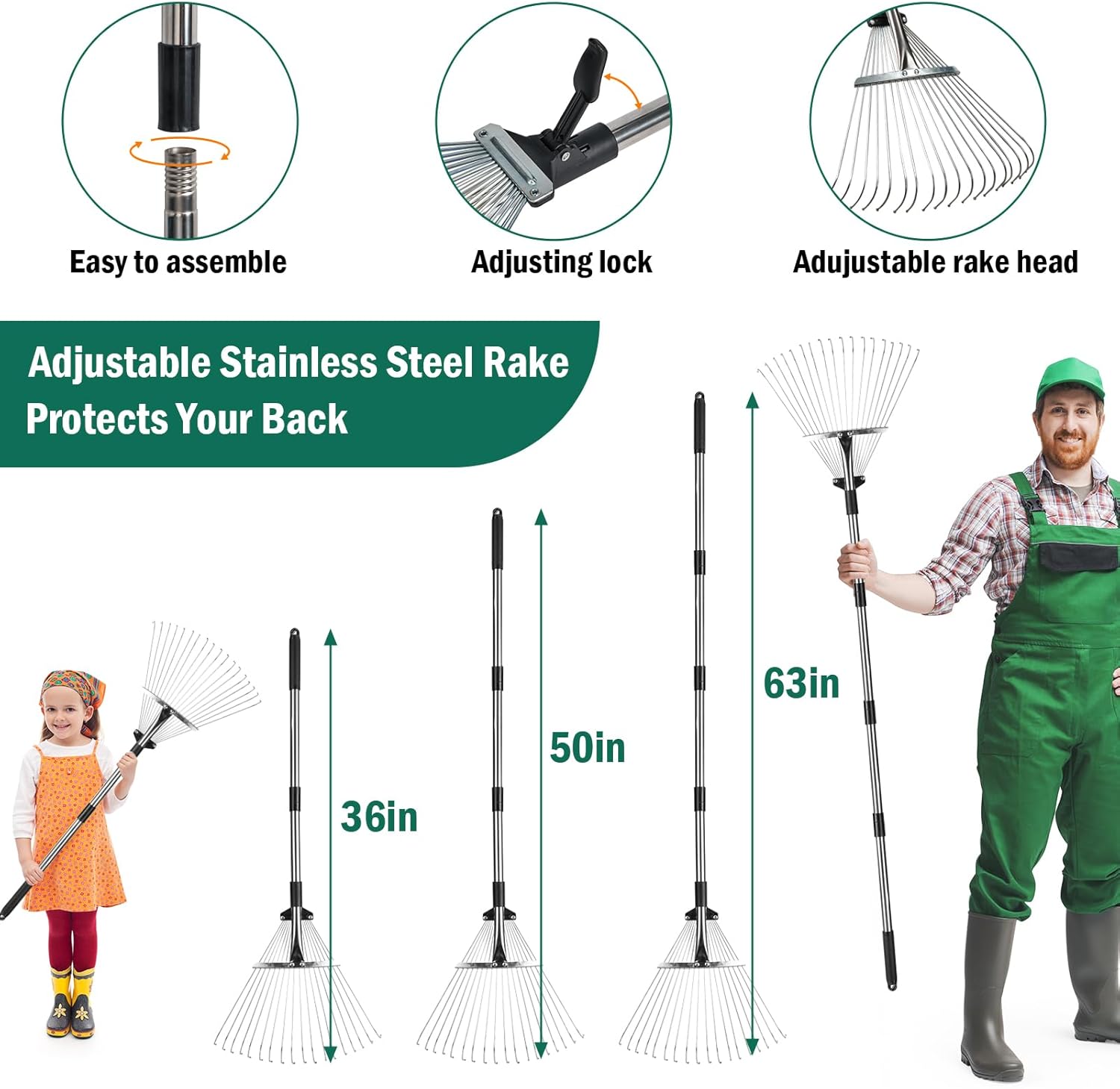 60Gallon Leaf Collector and Adjustable Metal Rake Set,Detachable 18 Tines Leaf Rake with Dustpan-Type Leaf Bag,Leaves Pick up Tool Set,Lawn and Leaf Collector Tool Kit for Lawn Yard Leaves,Shrub,Grass