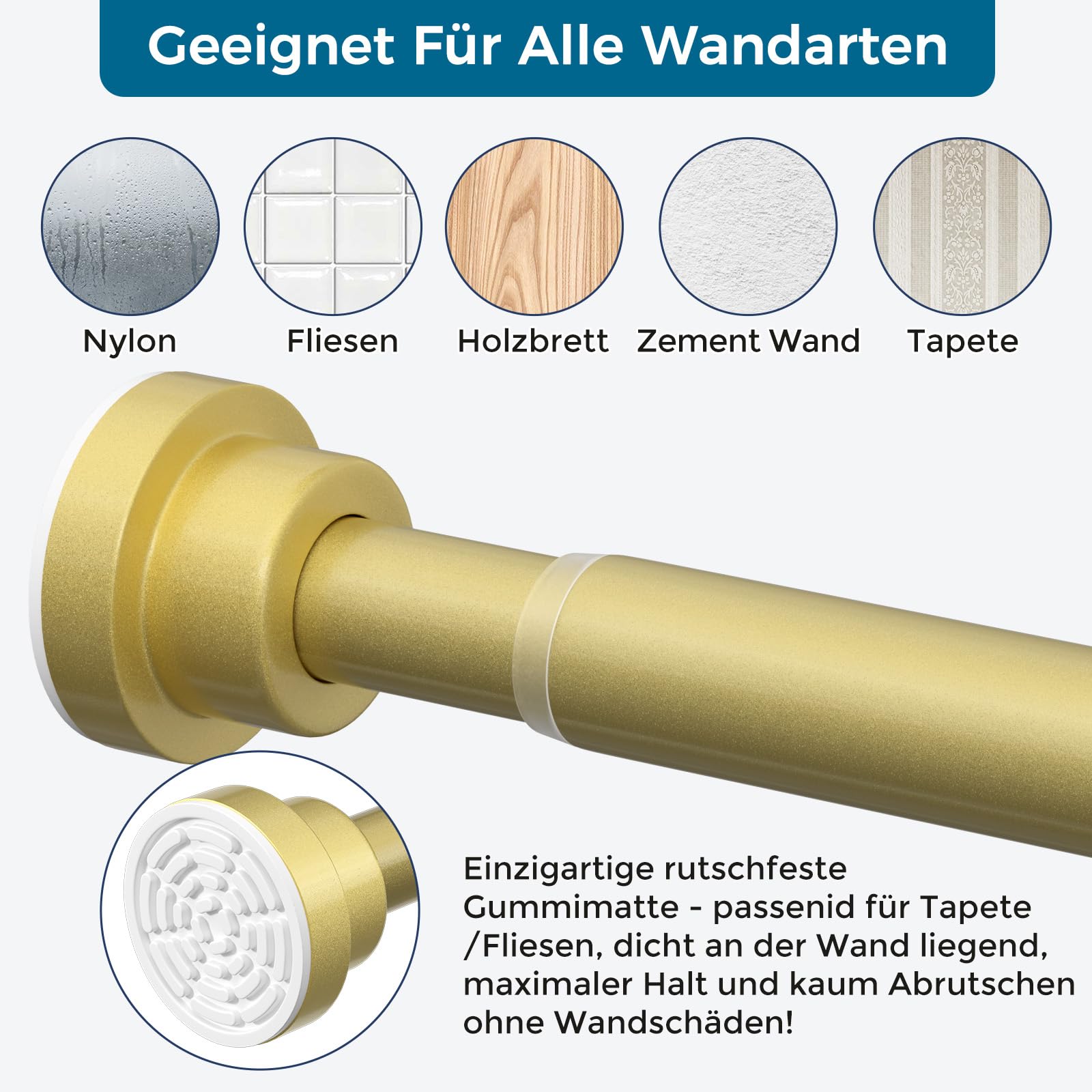 Asta per tende senza fori, 79 – 200 cm, Ø 22 mm, asta doccia a morsetto, asta estensibile per finestre, guardaroba e bagno (oro)