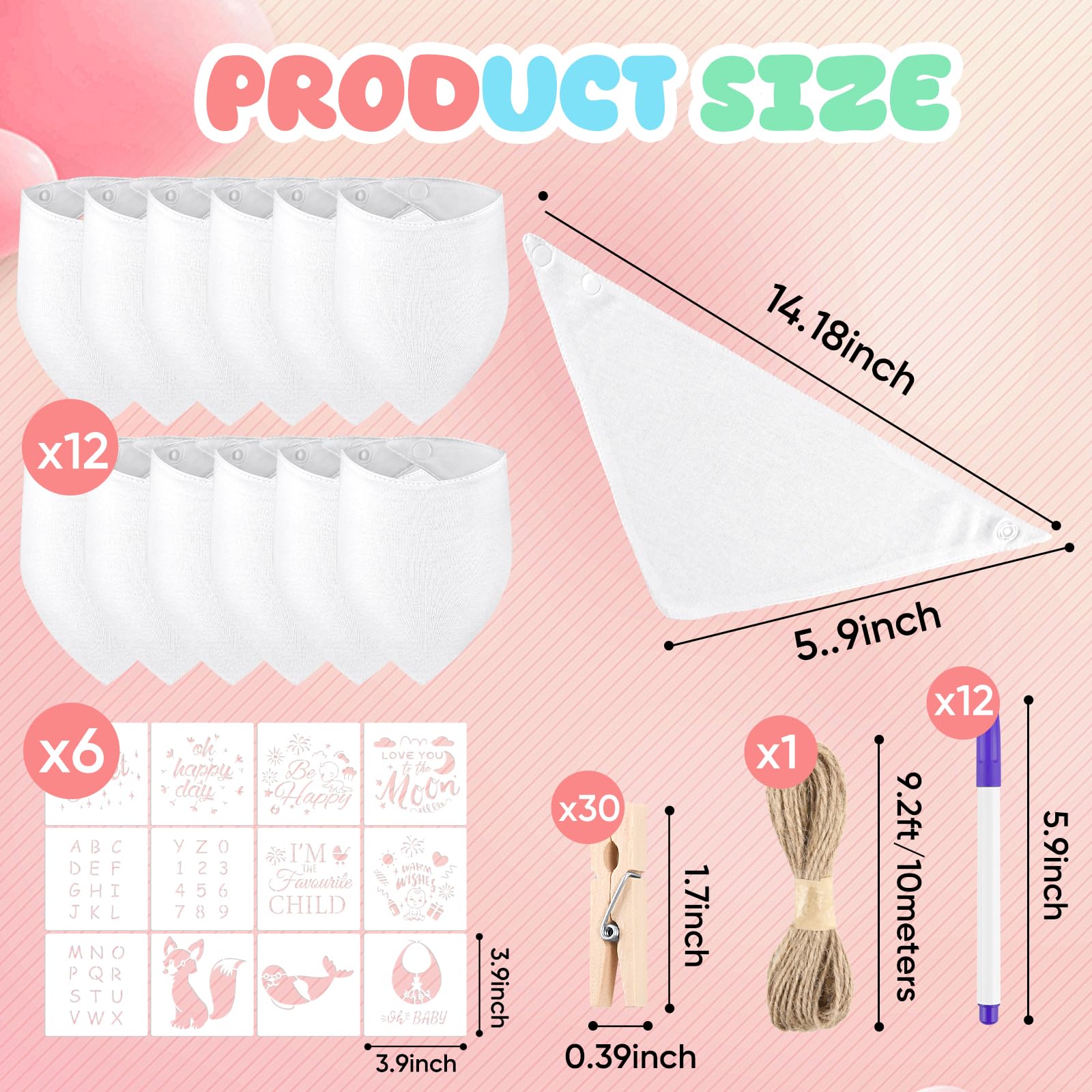 NACHLYNN 67 Pcs White Baby Bibs Baby Shower Games Set Including 12 Blank Baby Bibs 12 Stencils 30 Clothespins 12 Fabric Markers 1 Hemp Rope for Boys Girls Gender Reveal Party