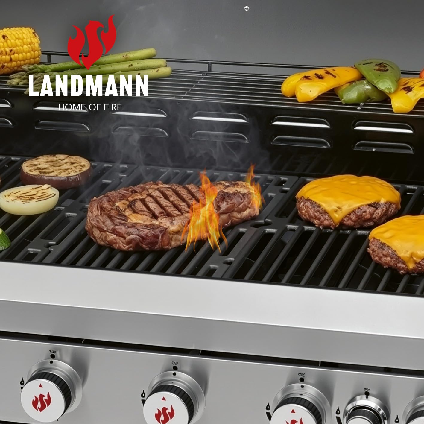 LANDMANN Barbacoa de gas 6.1 con 6 quemadores, zona MaxX, gran superficie de parrilla y rejillas de hierro fundido, potente parrilla para jardín y exterior, con reguladores LED y mesa lateral para una