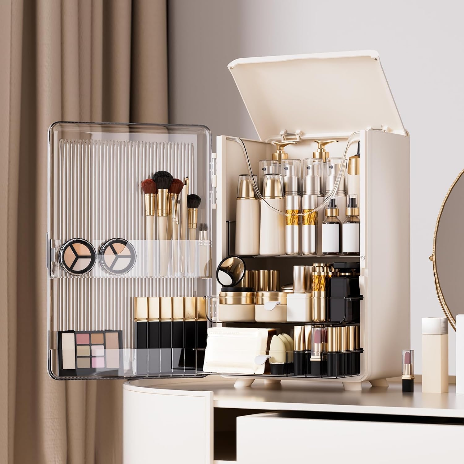 Makeup Organizer with Drawers for Vanity,Large Plastic Capacity Skincare Storage Box,Multi-Function White Cosmetic Display Case for Shower, Bathroom, Countertop(White)