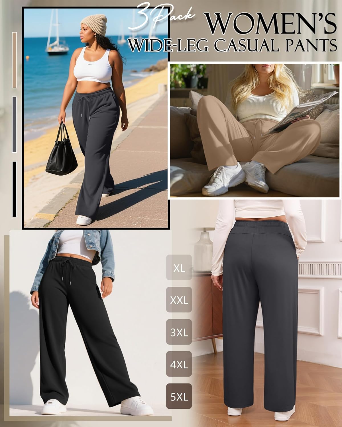 Huukeay 3 Pack Women Plus Size Pants, Straight Wide Leg Lounge Pants Elastic Fall Drawstring Casual Loose Trouser with Pocket - Image 4