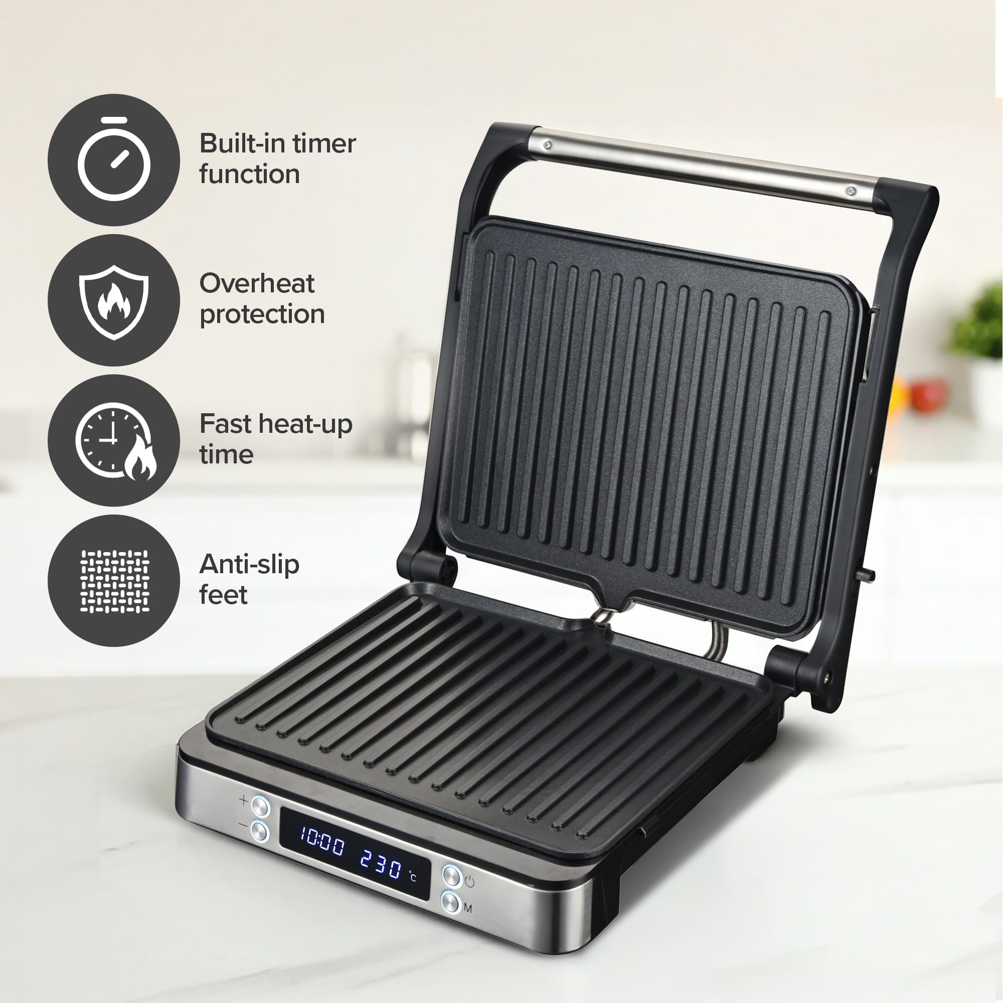 Olvy Cyfrowy grill kontaktowy z płytkami nieprzywierającymi, urządzenie do kanapek 3 w 1, grill otwarty w 180°, regulacja temperatury, timer, duża powierzchnia gotowania, uchwyt Cool-Touch, srebrny