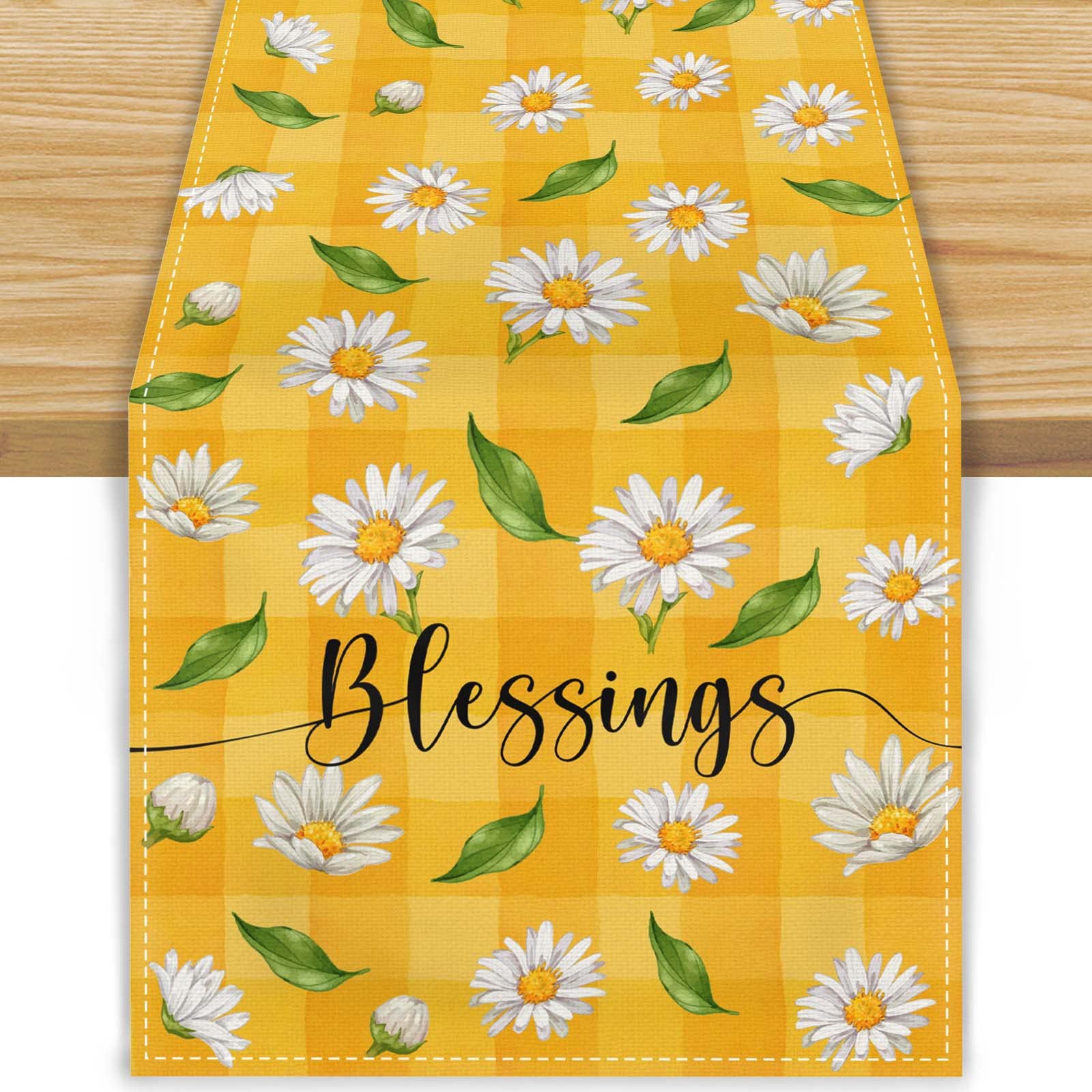 Photo 1 of *BUNDLE OF 5*   FARMNALL Linen Watercolor Daisy Yellow Buffalo Check Plaid Spring Table Runner Kitchen Table Decorations Easter Farmhouse Indoor Vintage Table Runner 13x72 Inch