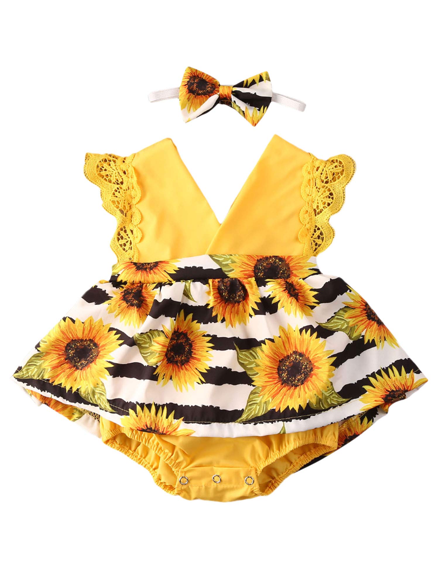 Infant Baby Girl Sunflower Romper Dress Sleeveless Lace Overall Jumpsuit Bodysuit Summer Clothes Outfits with Headband (Yellow, 6-12 Month)