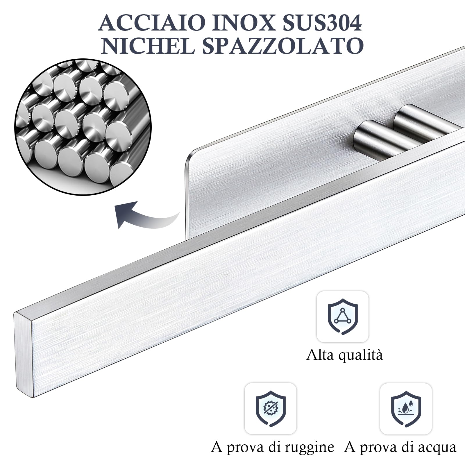 Portasciugamani Adesivo In Acciaio Inox 80 Cm – Doppia Barra Senza Foratura, Base Regolabile E Multifunzione, Per Bagno E Cucina, Carico 6 Kg