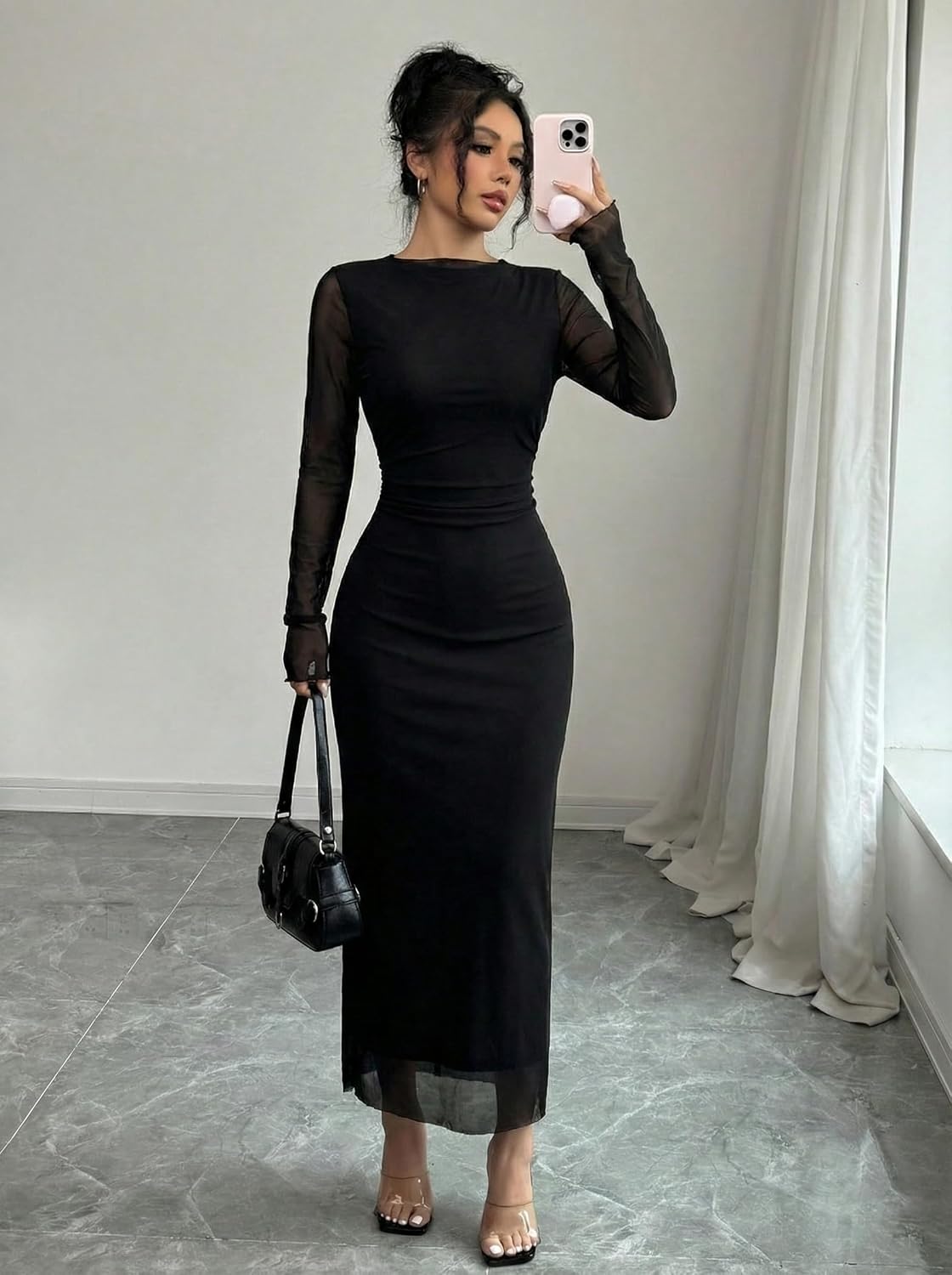 Narecte Maxi Dresses for Women Mesh Ruched Bodycon Long Sleeve Back Zipper Evening Party Dress Fall Dresses