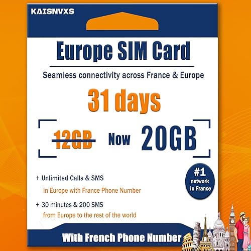 Prepaid SIM Card for Europe Travel with 20GB of 4G Data, Unlimited Calls and SMS in Europe with France Phone Number, 30 mins and 200 SMS from Europe to Worldwide(Lasts for 31 Days),Tethering Allowed