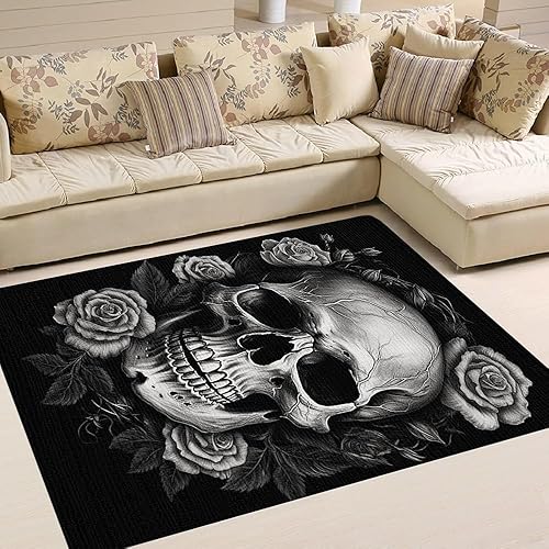 Miniatura 2 de Alfombra de Halloween aterradora con diseño de calavera, color negro, diseño de calavera y rosa, alfombra de pasillo de Halloween, entrada al aire
