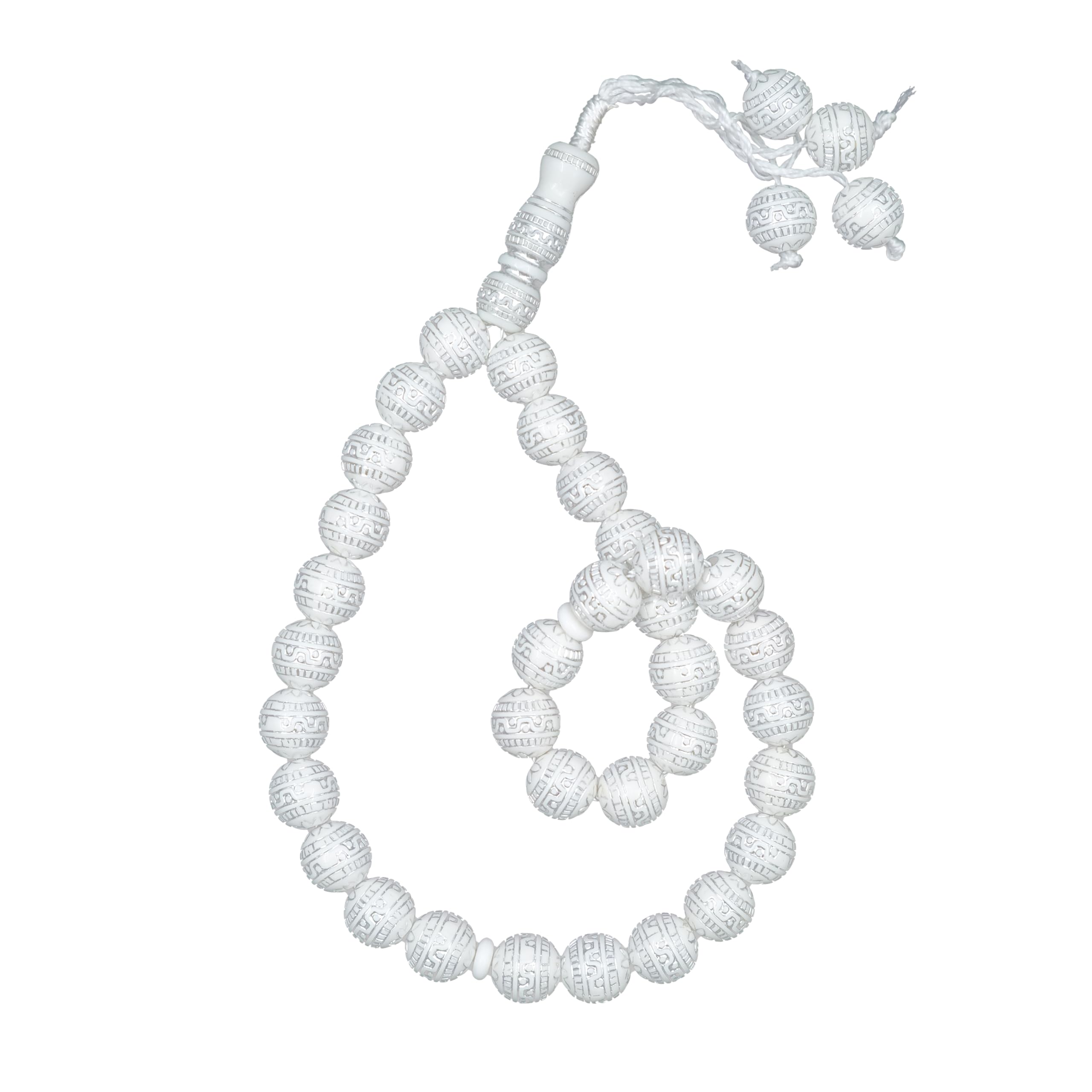 Large Sibha 13-mm White & Metallic Silver Meandros Design Plastic Resin 33-bead Muslim Tasbih Prayer Beads