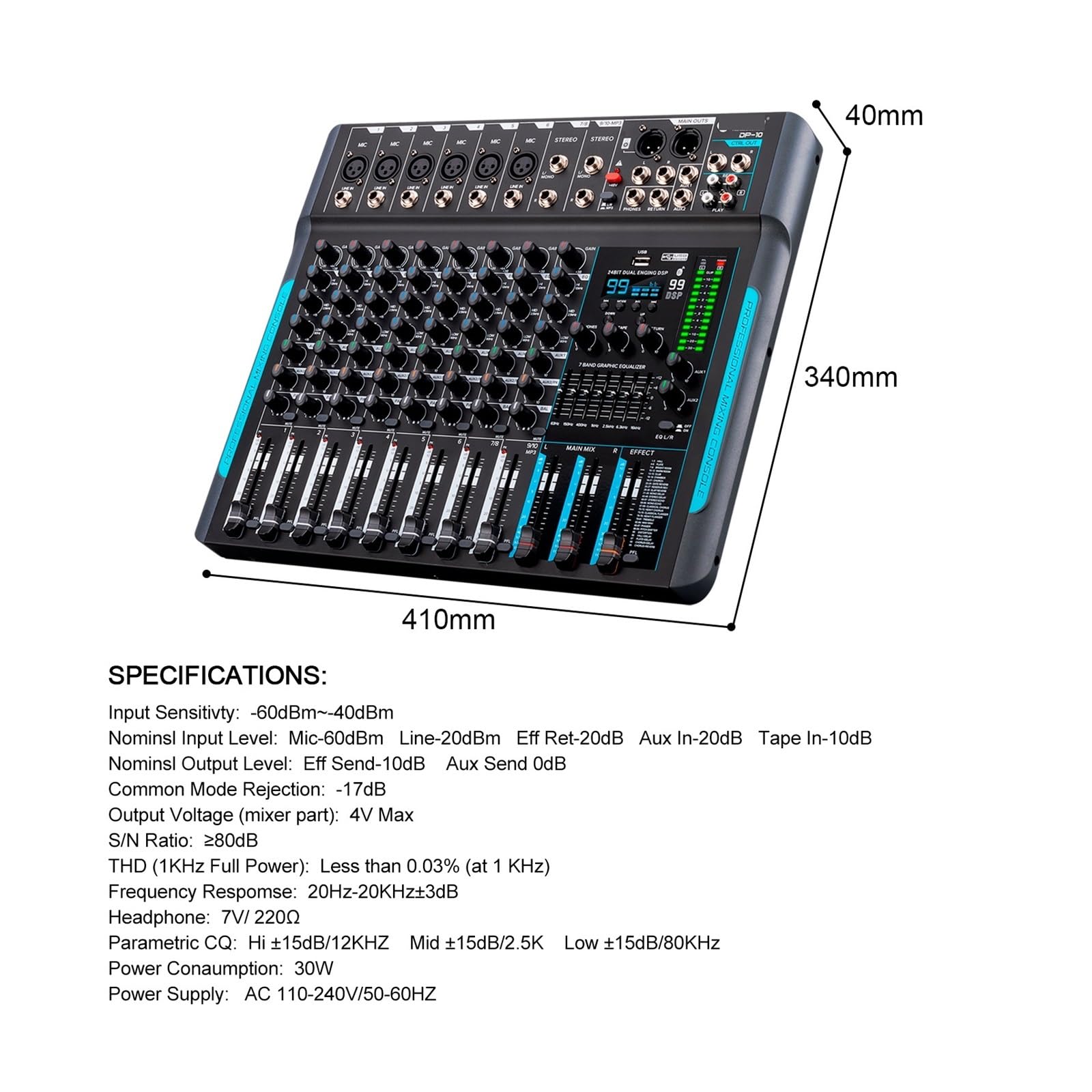 Mixer per DJ, 10 canali 99 DSP Mixer DJ Controller Reverb Registrazione Mixaggio con Bluetooth 5.0 Prestazioni Professionali