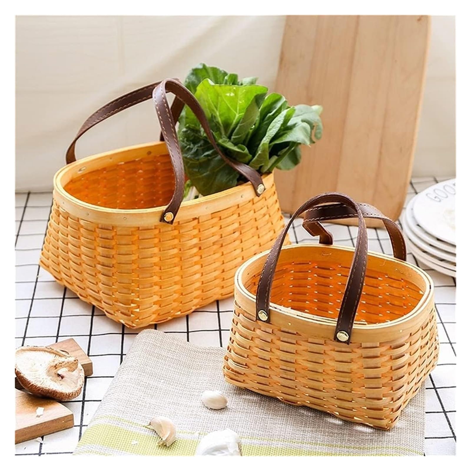 KanDuo Cestino da Picnic in Legno Intrecciato con Manico in Pelle – Cesto portaoggetti in Vimini e Paglia for Campeggio, pranzi all'aperto e Picnic(24 * 19CM)