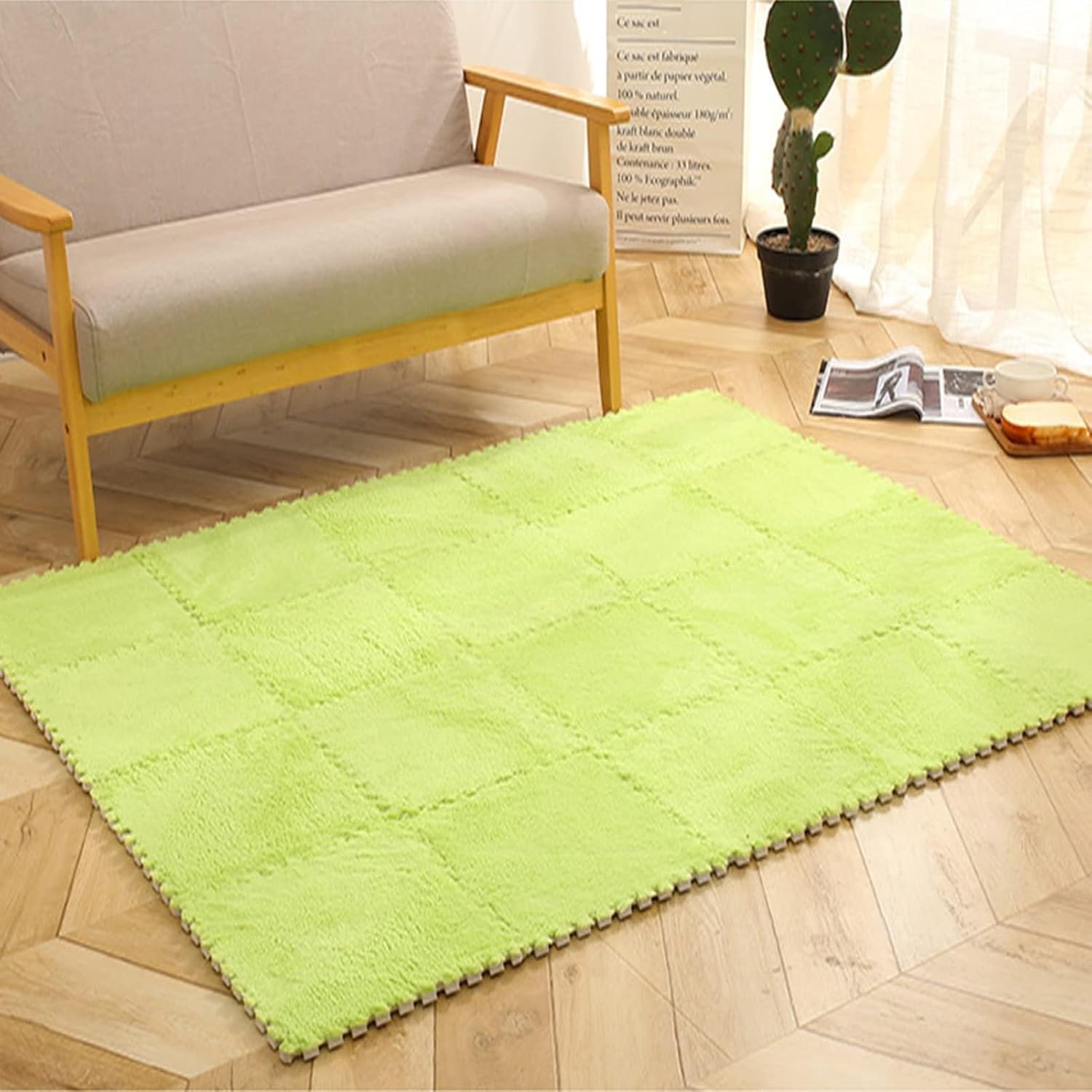 Pluszowa mata puzzlowa, Dywan kwadratowy z puzzlami piankowymi, wielokolorowy, 12x12x0,4 cala(Green)