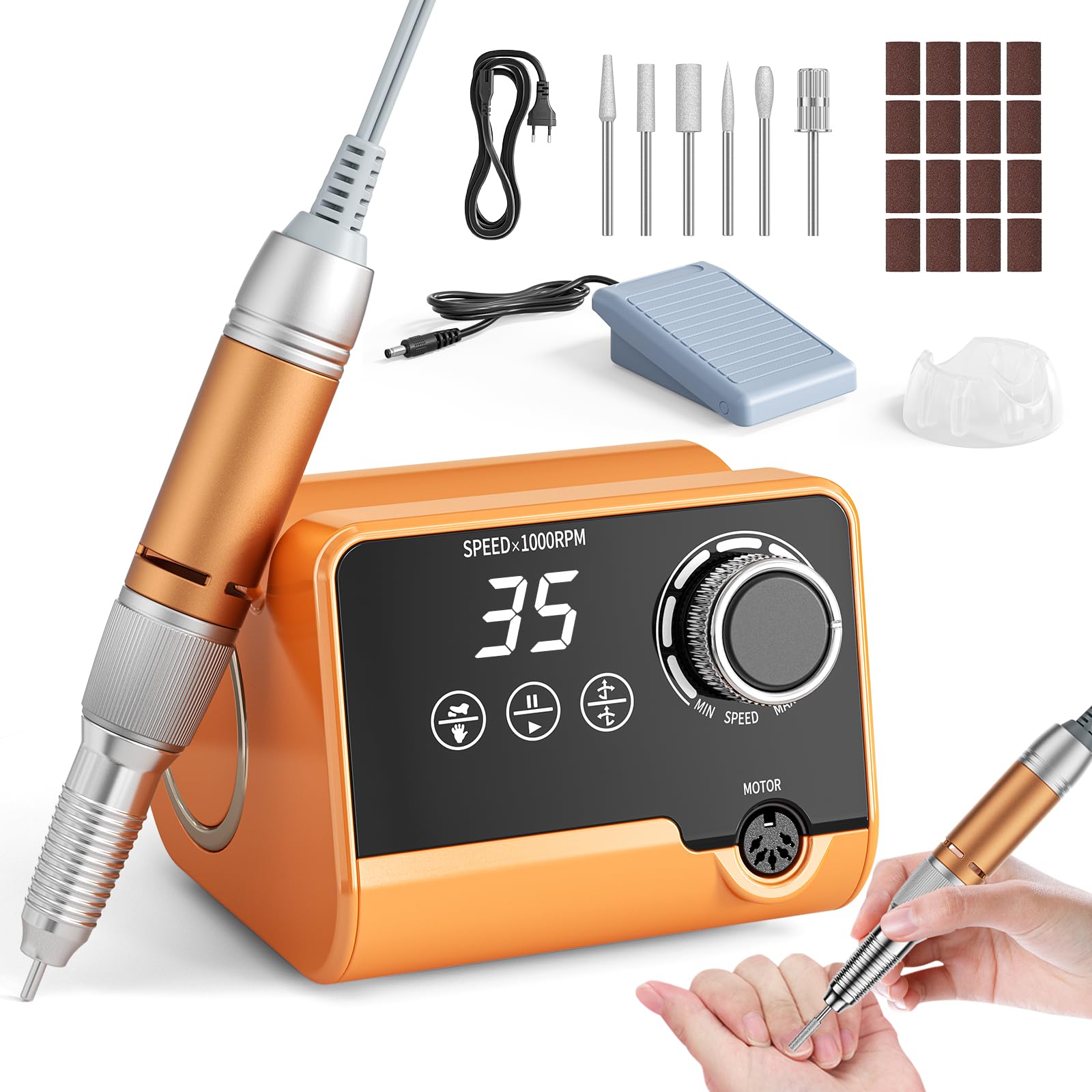 Professionelle Elektrische Nagelfräser, 35000 U/Min Maniküre Pediküre Set mit 6 Fräser, LED Display für Gelnägel und Acrylnägel, für den Heimgebrauch und Nagelstudios (Orange)