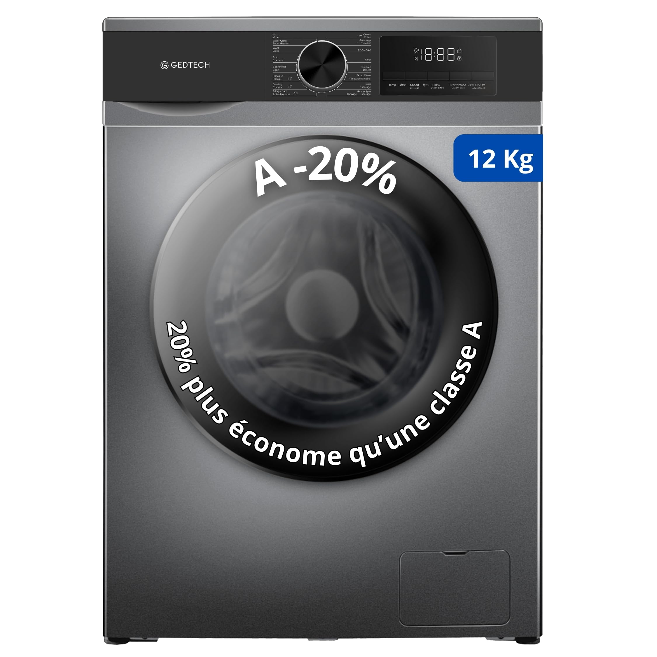 Lavadora frontal GEDTECH GLL121400DG – 12 Kg – 1400 RPM – 16 programas – Eco – Intensivo – Rápido – Muy bajo conso – Clase A-20% (Dark Grey, 12 Kg)